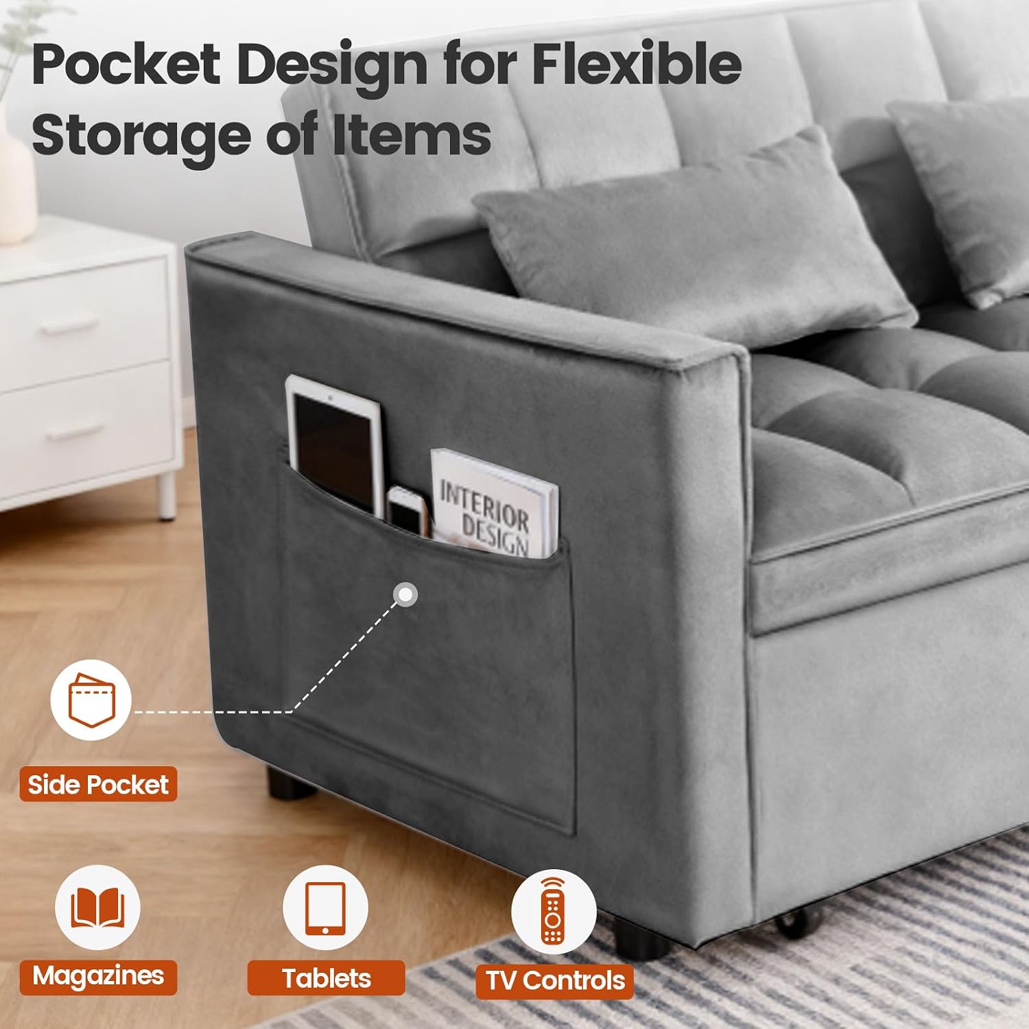 Deep Gray Velvet 3-in-1 Loveseat: Convertible Sofa Bed with Adjustable Back & Pockets. - Image 5