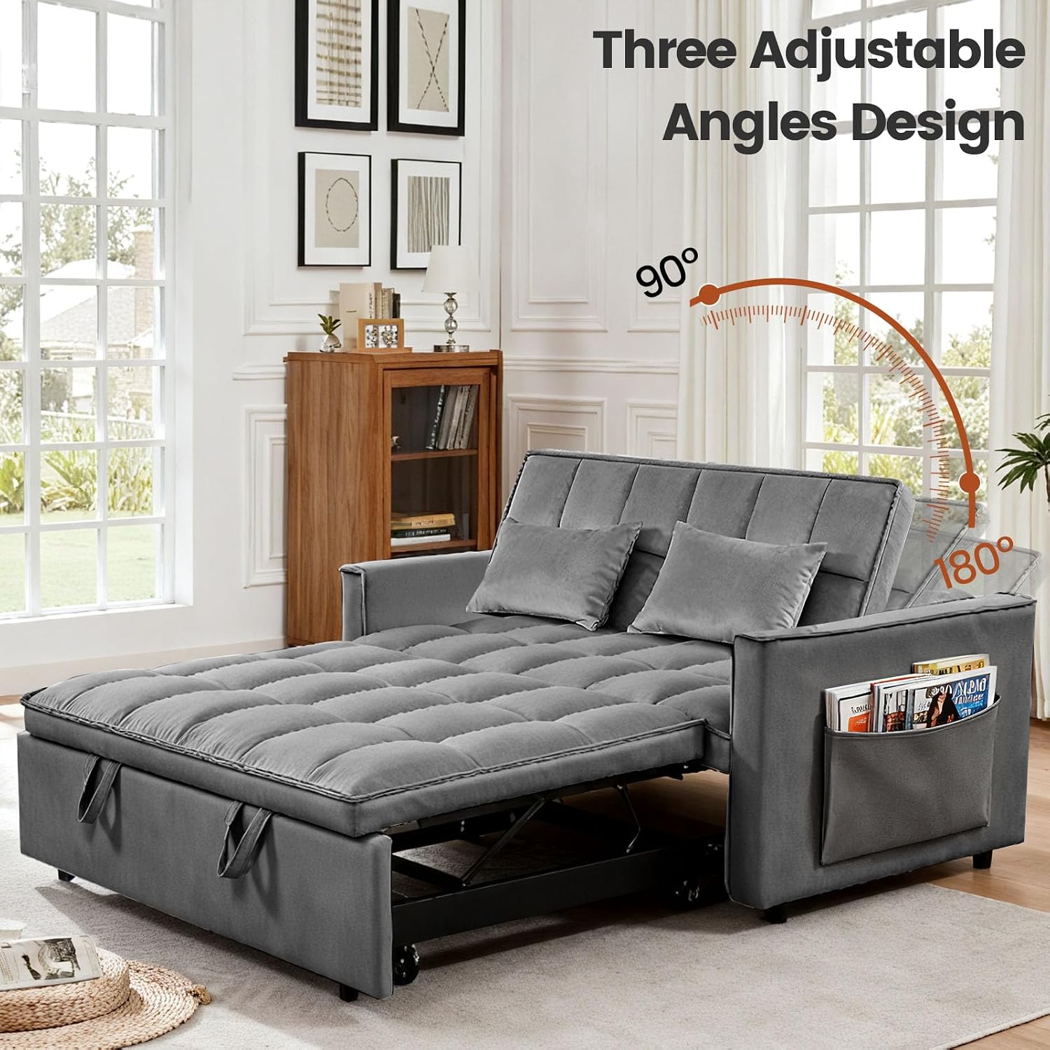Deep Gray Velvet 3-in-1 Loveseat: Convertible Sofa Bed with Adjustable Back & Pockets. - Image 6