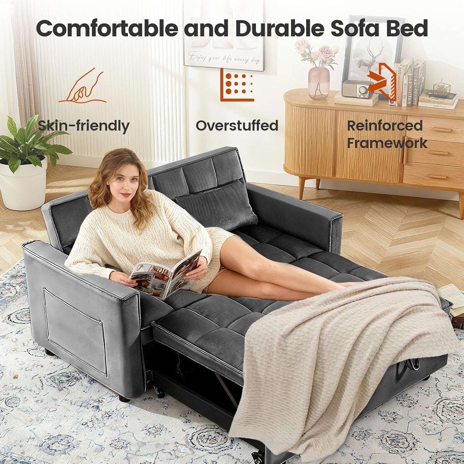 Deep Gray Velvet 3-in-1 Loveseat: Convertible Sofa Bed with Adjustable Back & Pockets. - Image 7