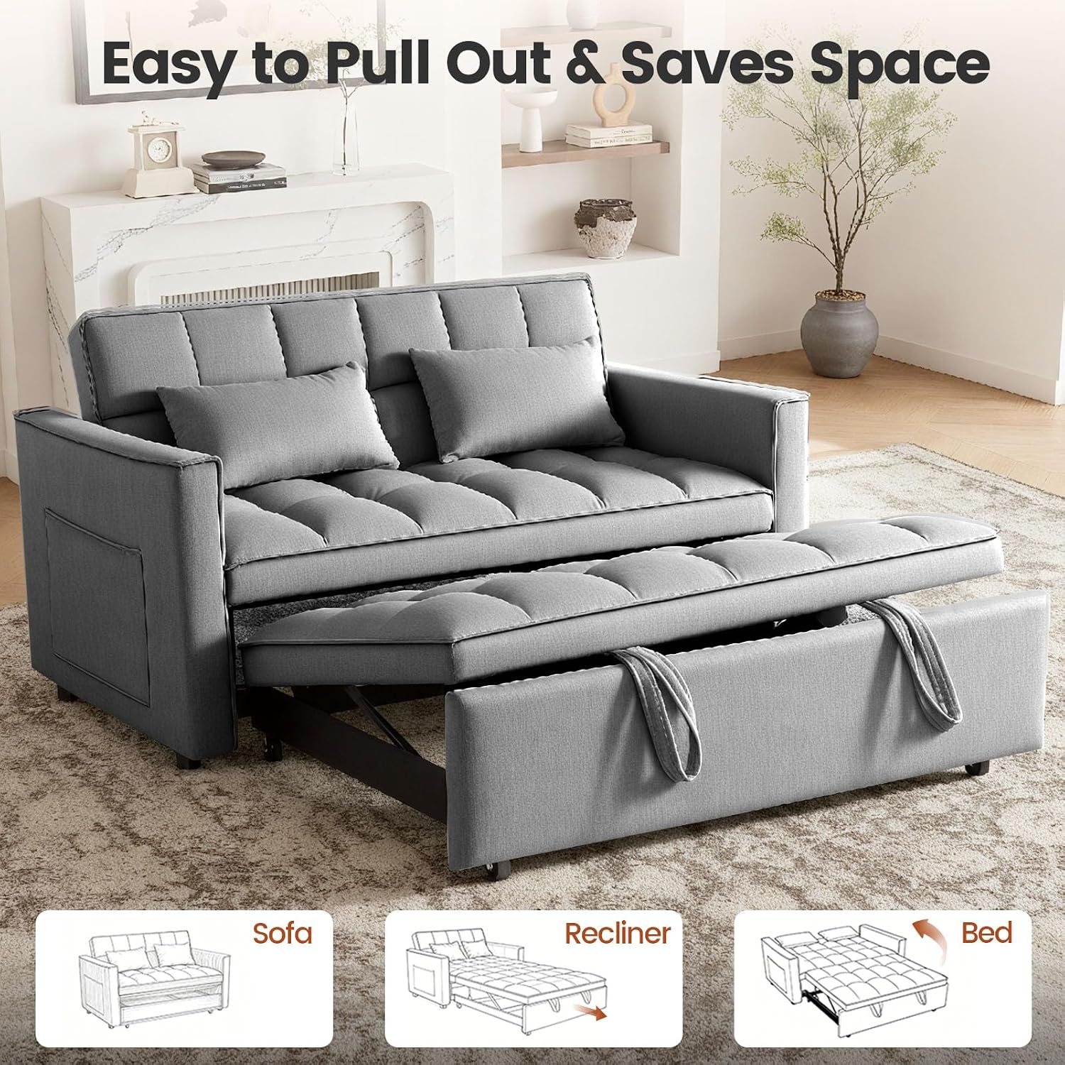 Deep Gray Velvet 3-in-1 Loveseat: Convertible Sofa Bed with Adjustable Back & Pockets. - Image 8