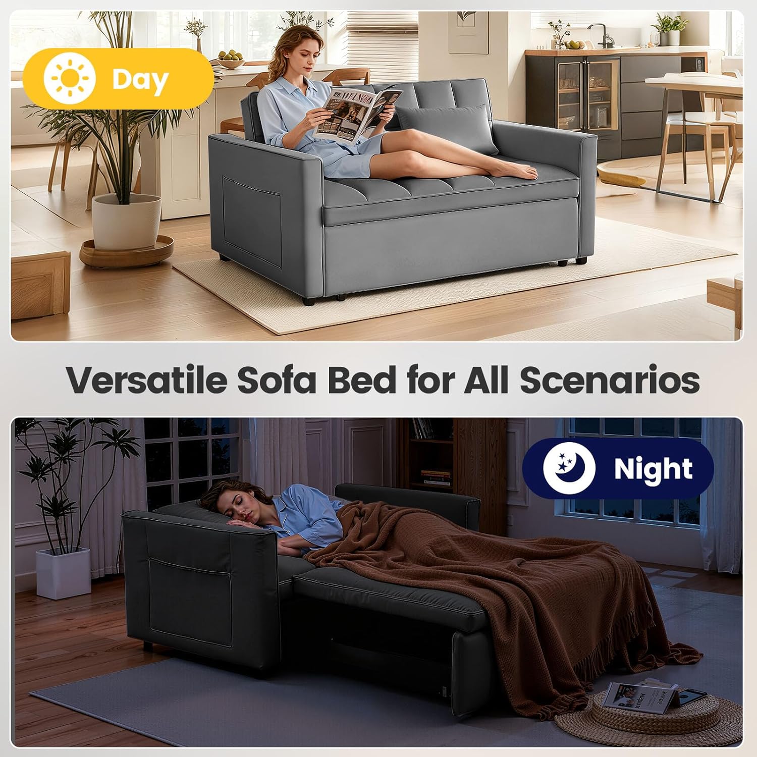 Deep Gray Velvet 3-in-1 Loveseat: Convertible Sofa Bed with Adjustable Back & Pockets. - Image 9