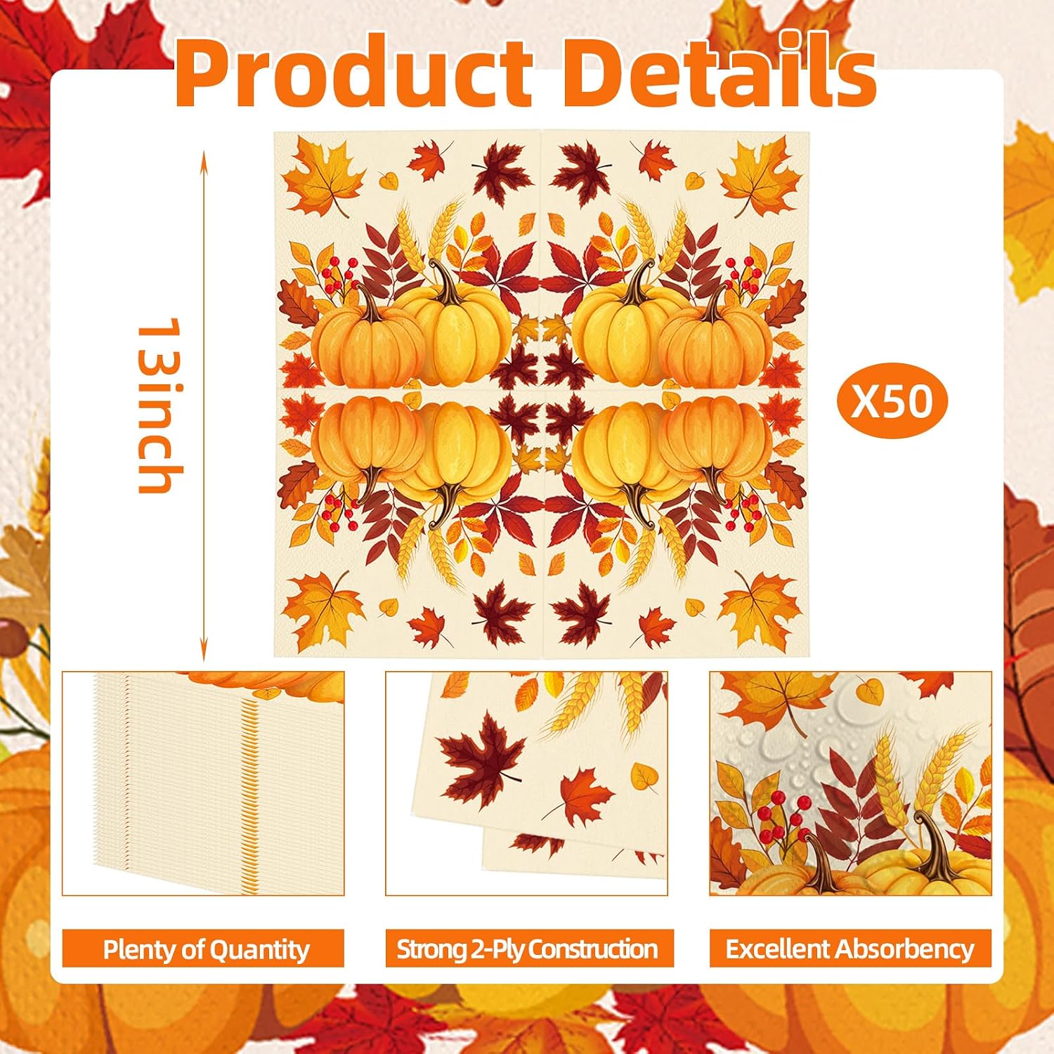 50 Disposable Fall Pumpkin Leaves Napkins for Thanksgiving & Autumn Parties - Image 3