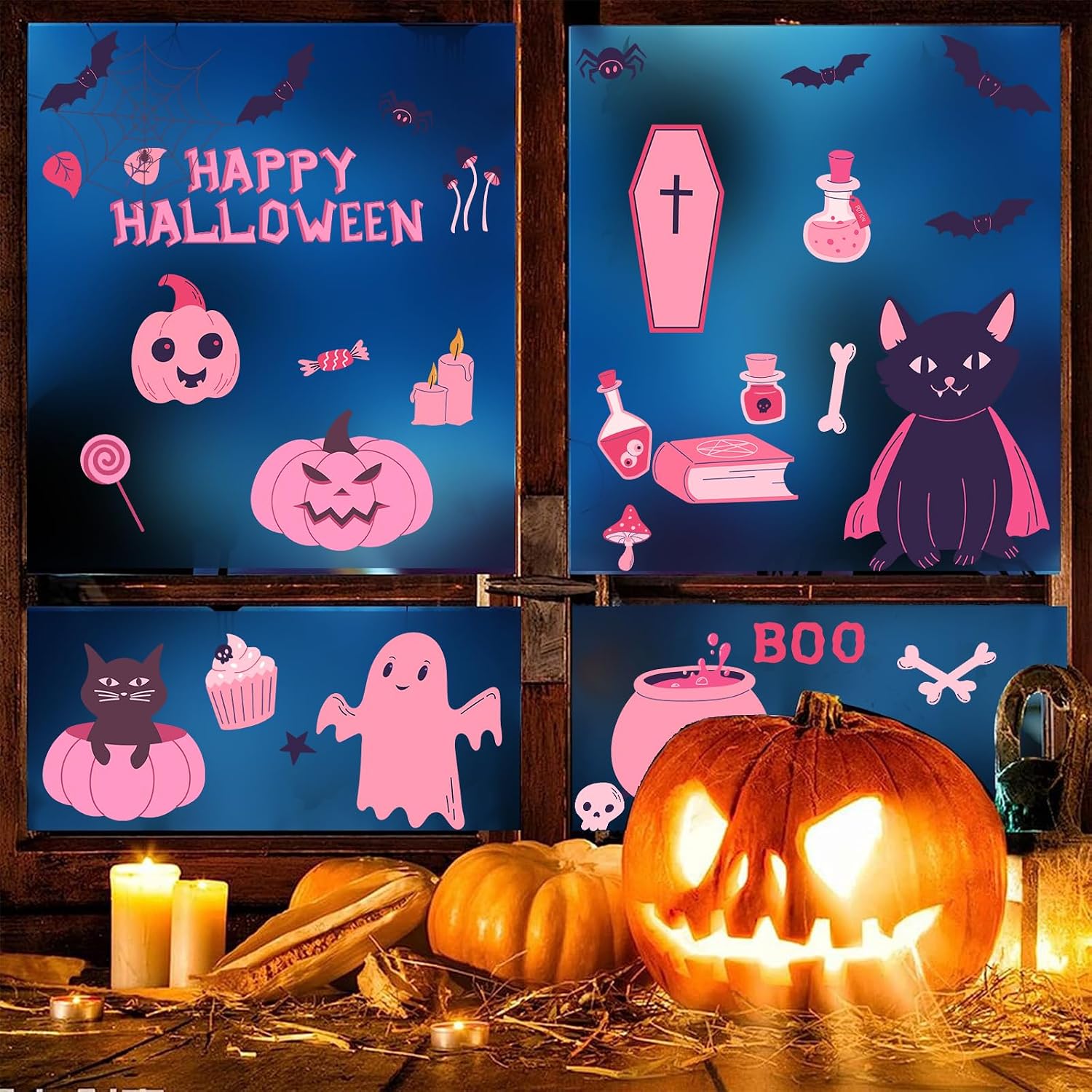 72 Pink Halloween Window Clings: Cute Cats & Ghosts, Double-Sided Glass Decor - Image 3