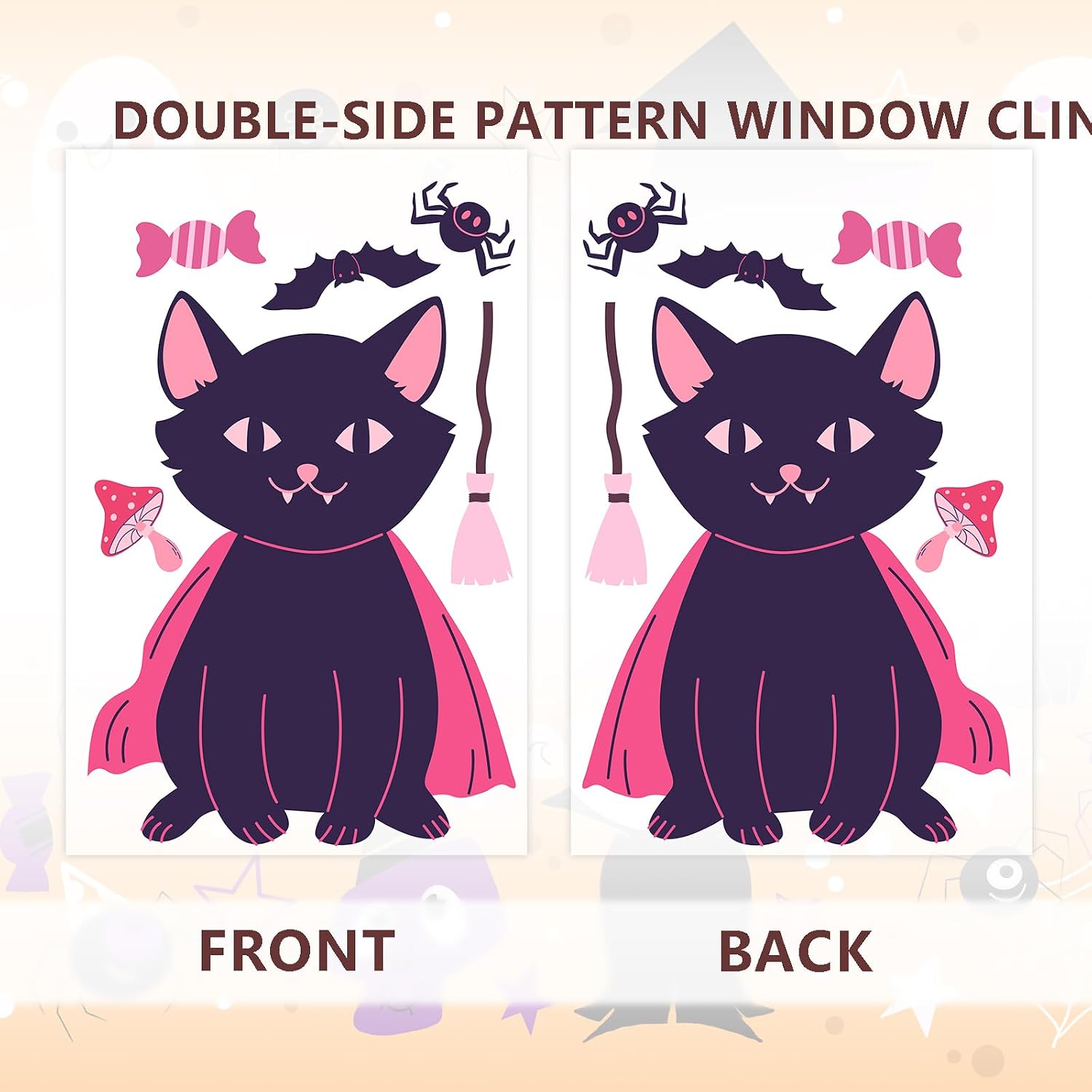 72 Pink Halloween Window Clings: Cute Cats & Ghosts, Double-Sided Glass Decor - Image 4