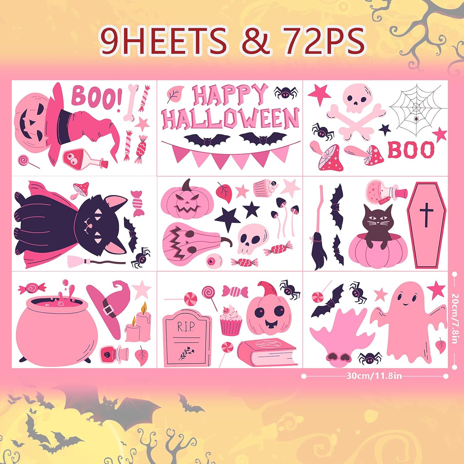 72 Pink Halloween Window Clings: Cute Cats & Ghosts, Double-Sided Glass Decor - Image 5