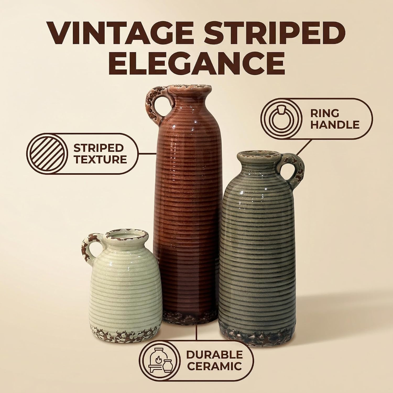 3 Brown Ceramic Vases w/ Handles. Rustic Farmhouse Boho Decor Gift Set. - Image 4