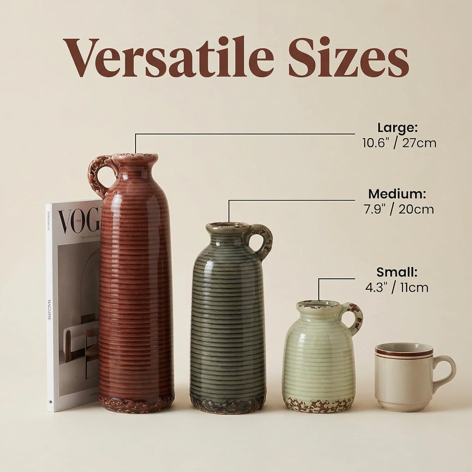 3 Brown Ceramic Vases w/ Handles. Rustic Farmhouse Boho Decor Gift Set. - Image 5