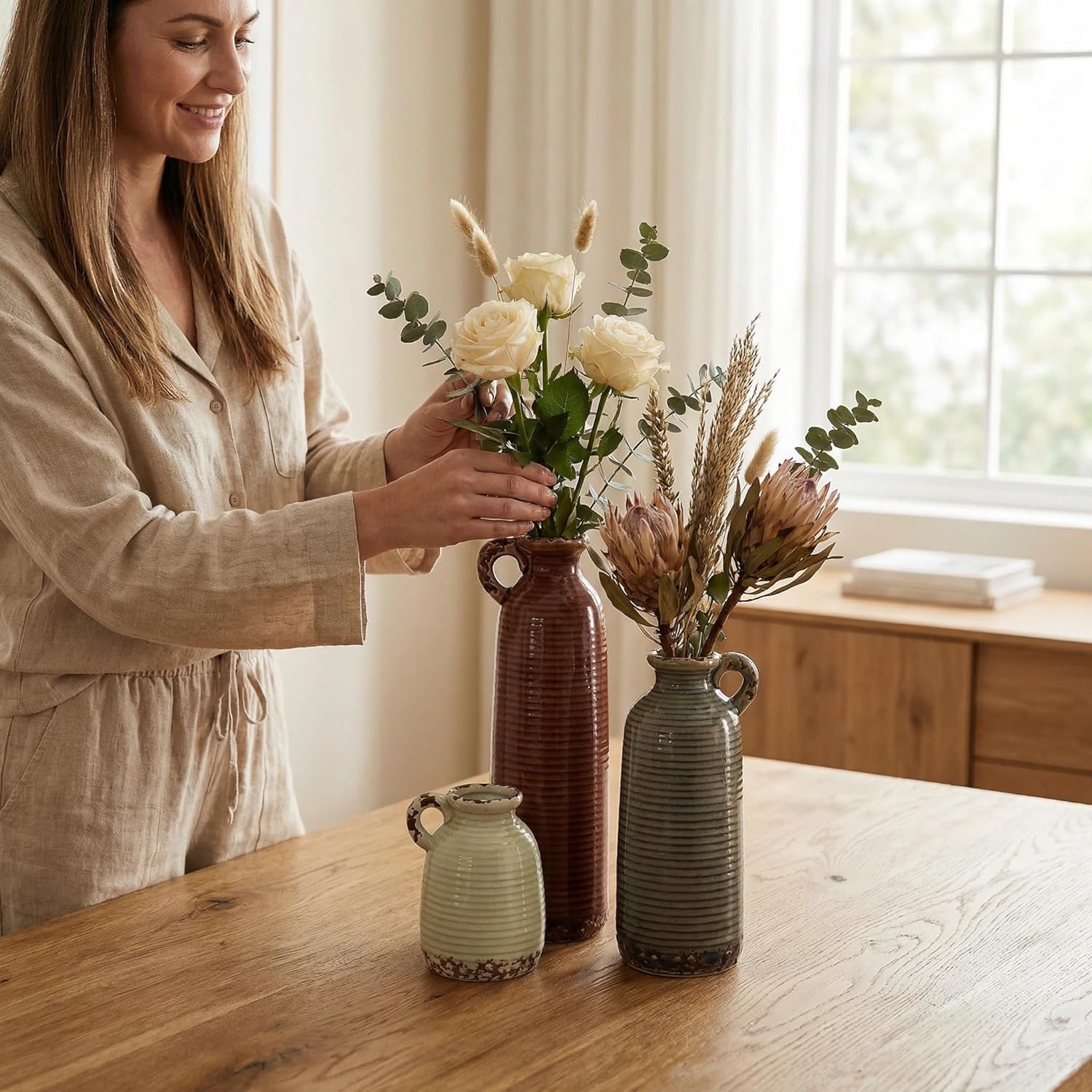 3 Brown Ceramic Vases w/ Handles. Rustic Farmhouse Boho Decor Gift Set. - Image 6