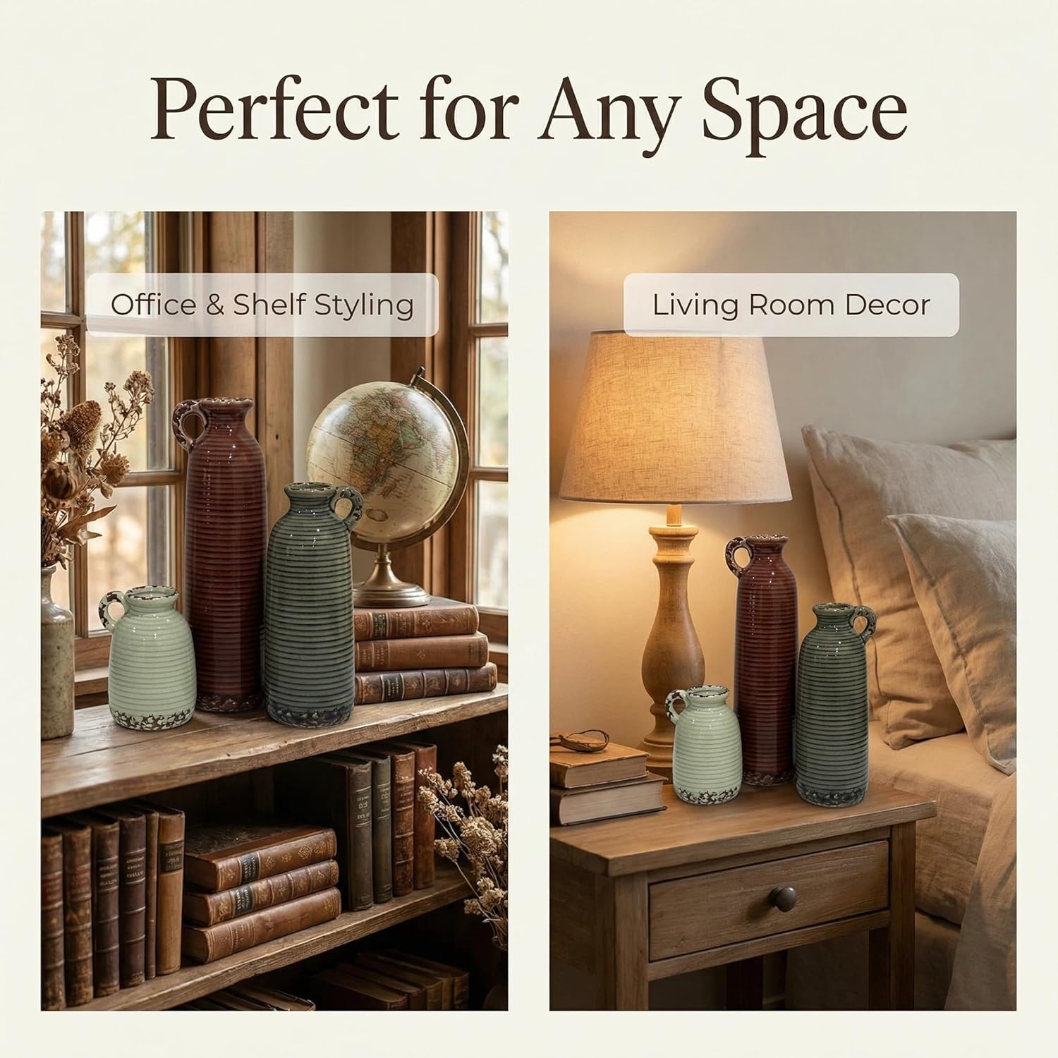 3 Brown Ceramic Vases w/ Handles. Rustic Farmhouse Boho Decor Gift Set. - Image 7