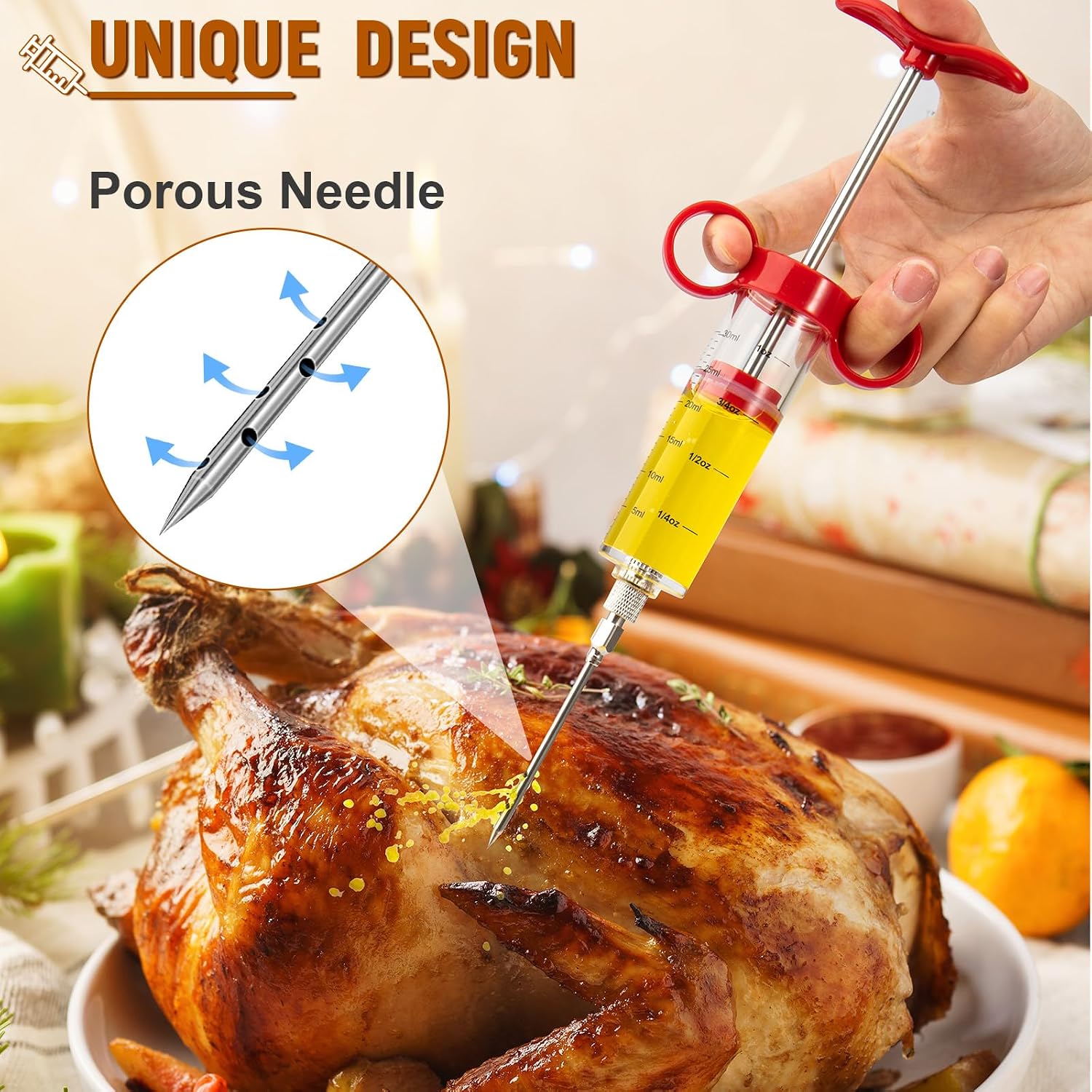 Red 1oz Meat Injector Kit: 3 Needles, Brush. Easy to Use/Clean for BBQ Marinades. - Image 3