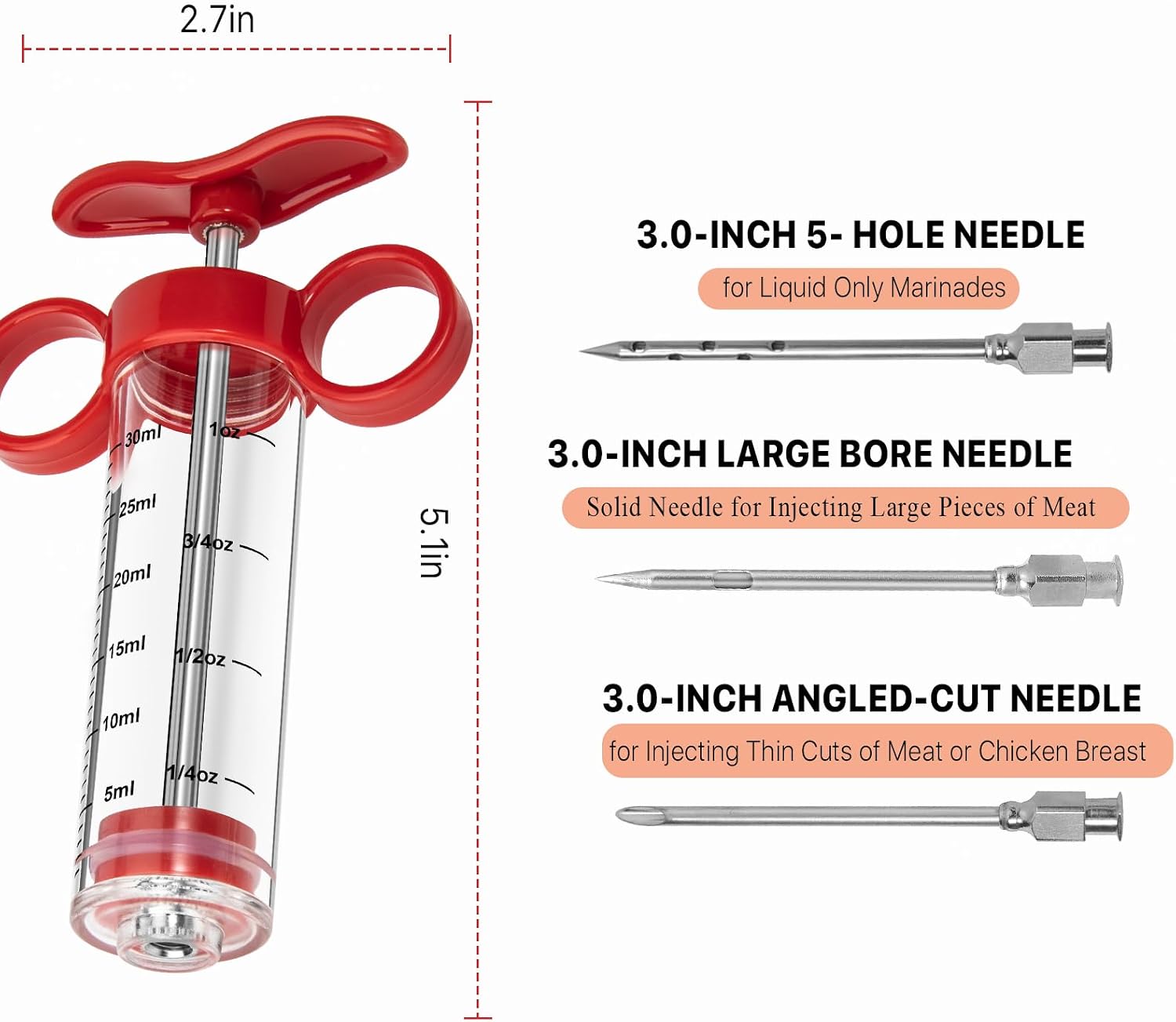 Red 1oz Meat Injector Kit: 3 Needles, Brush. Easy to Use/Clean for BBQ Marinades. - Image 4
