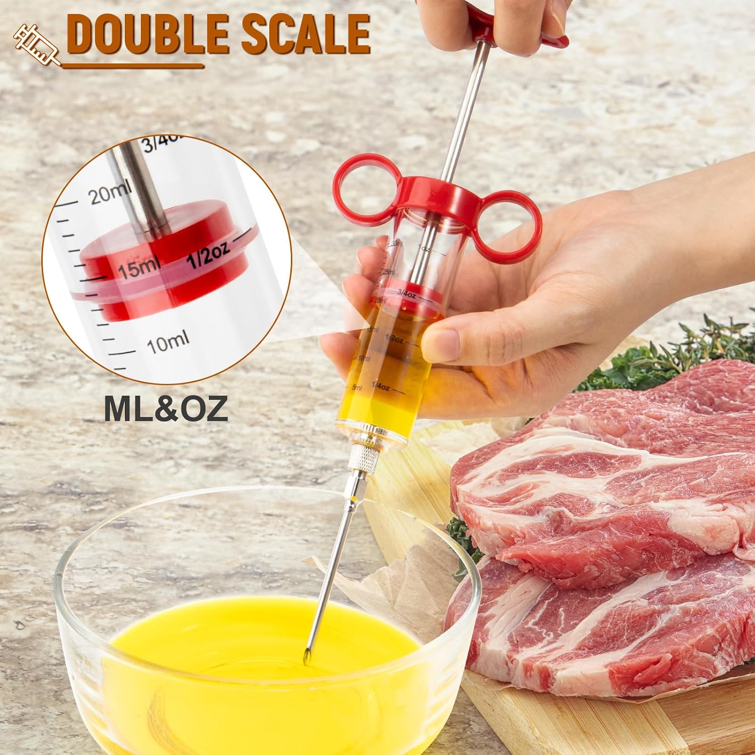 Red 1oz Meat Injector Kit: 3 Needles, Brush. Easy to Use/Clean for BBQ Marinades. - Image 5