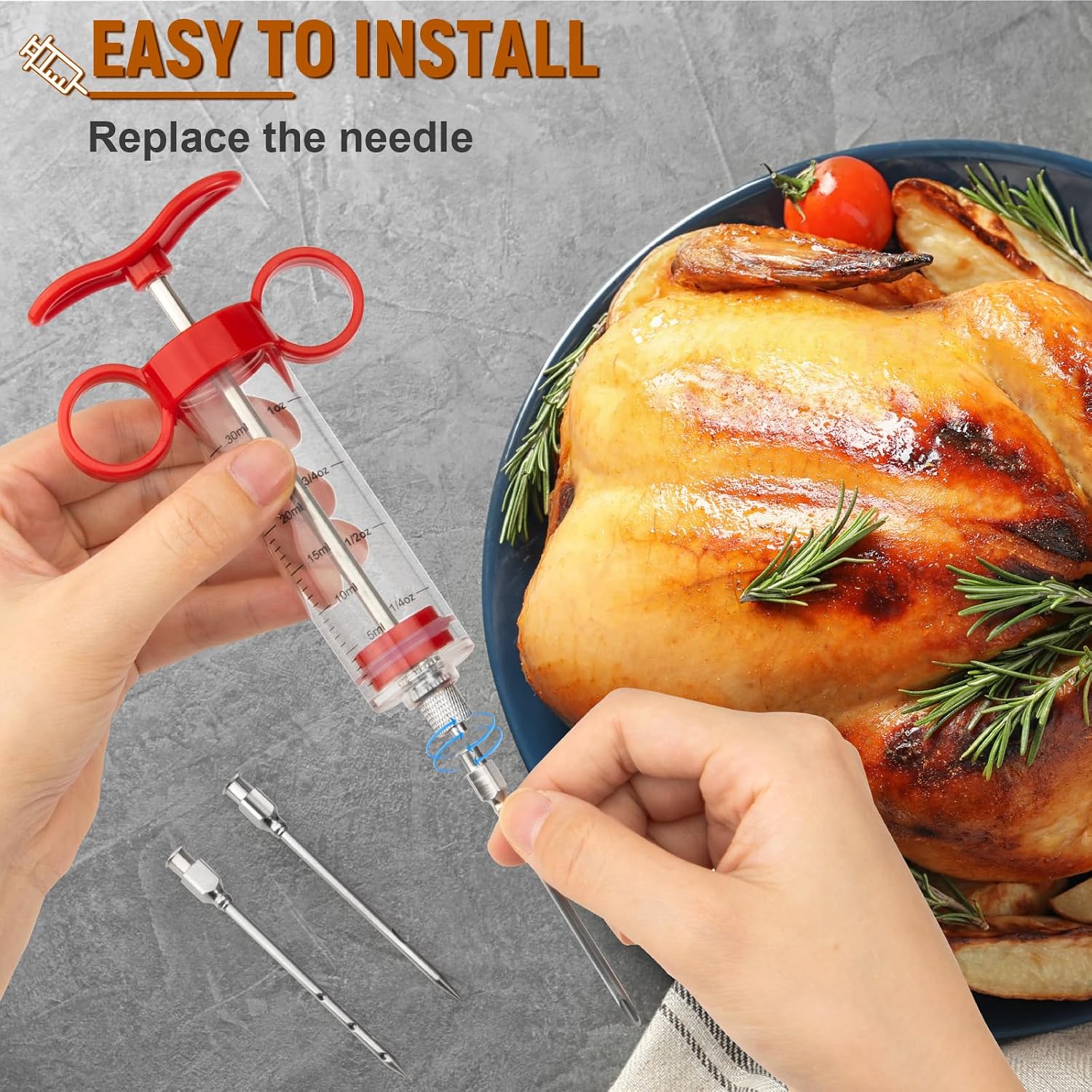Red 1oz Meat Injector Kit: 3 Needles, Brush. Easy to Use/Clean for BBQ Marinades. - Image 6