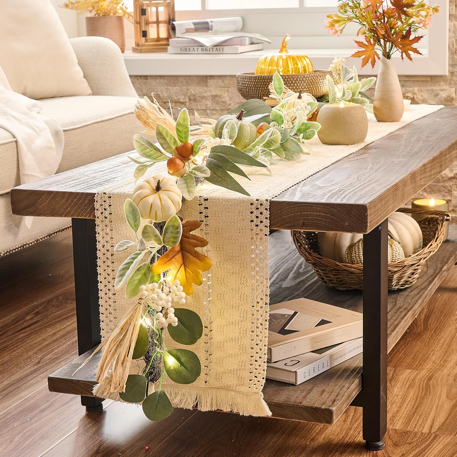 6ft Lighted Fall Garland with Pumpkins & Lambs Ear. Autumn Table & Mantle Decor. - Image 3