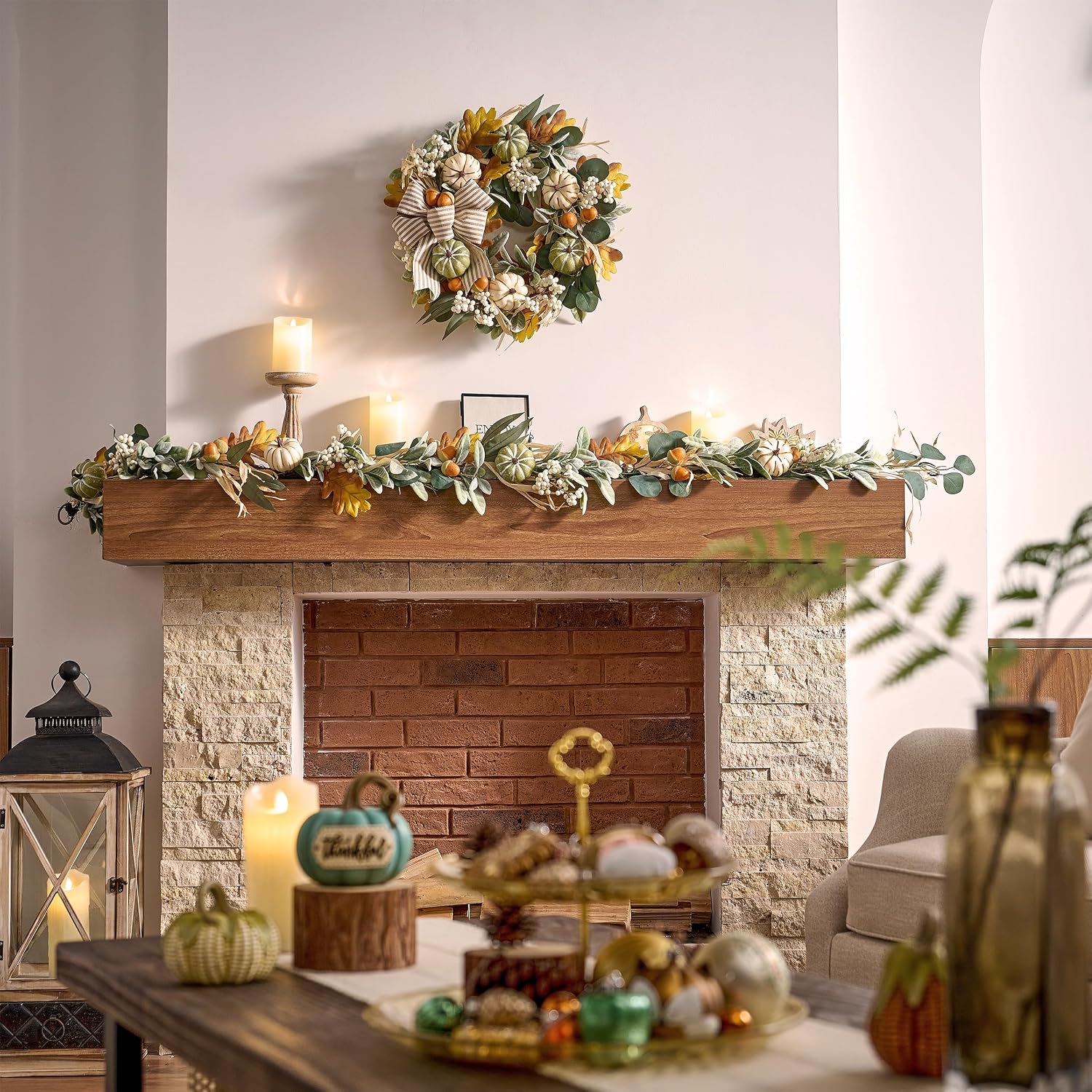 6ft Lighted Fall Garland with Pumpkins & Lambs Ear. Autumn Table & Mantle Decor. - Image 4