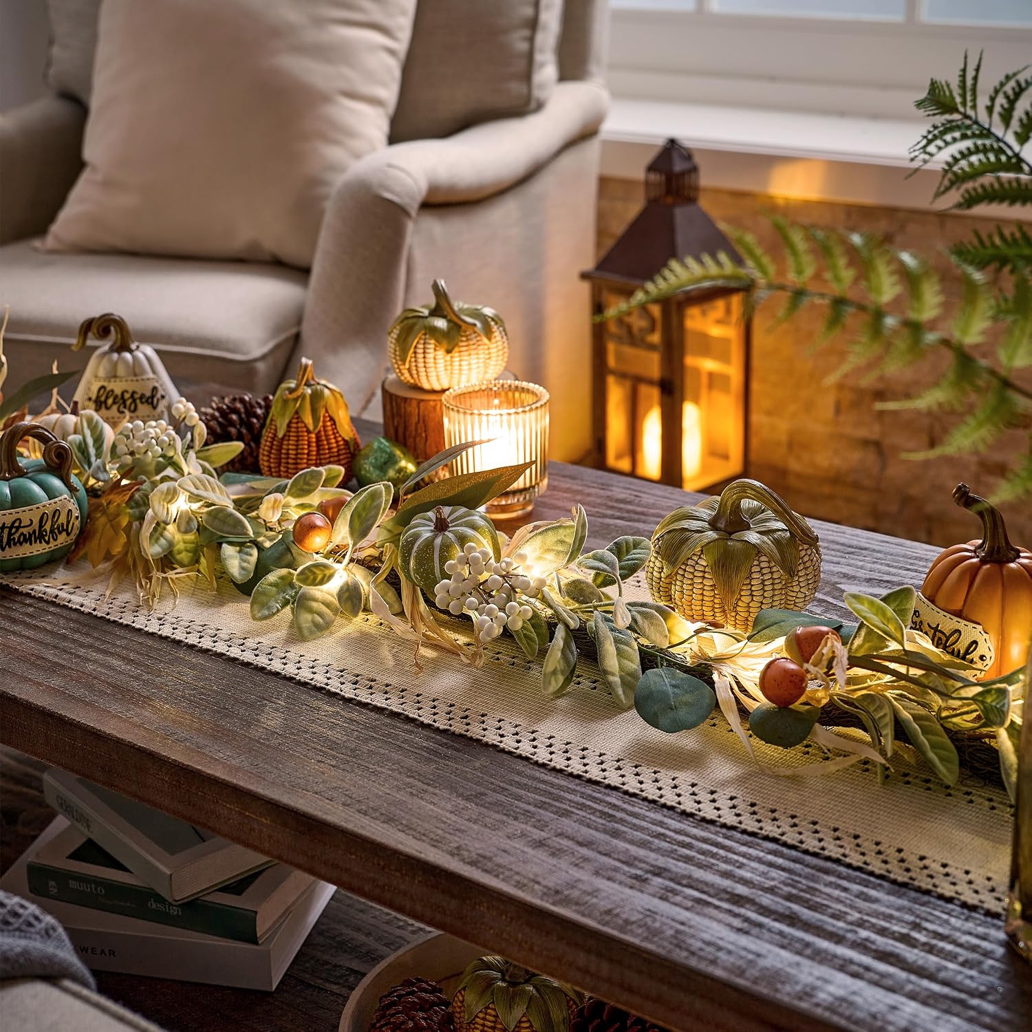 6ft Lighted Fall Garland with Pumpkins & Lambs Ear. Autumn Table & Mantle Decor. - Image 5
