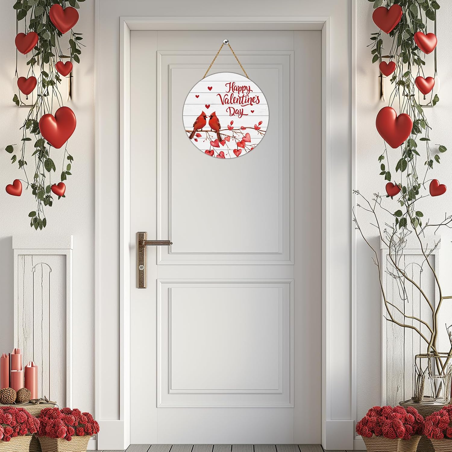 Wooden Cardinal Valentine Door Hanger - Red Bird Porch Wall Decor - Image 3