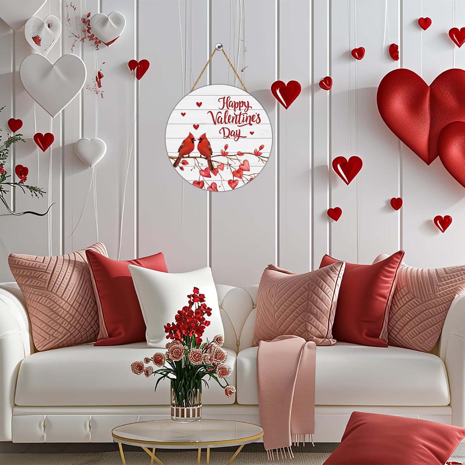 Wooden Cardinal Valentine Door Hanger - Red Bird Porch Wall Decor - Image 4