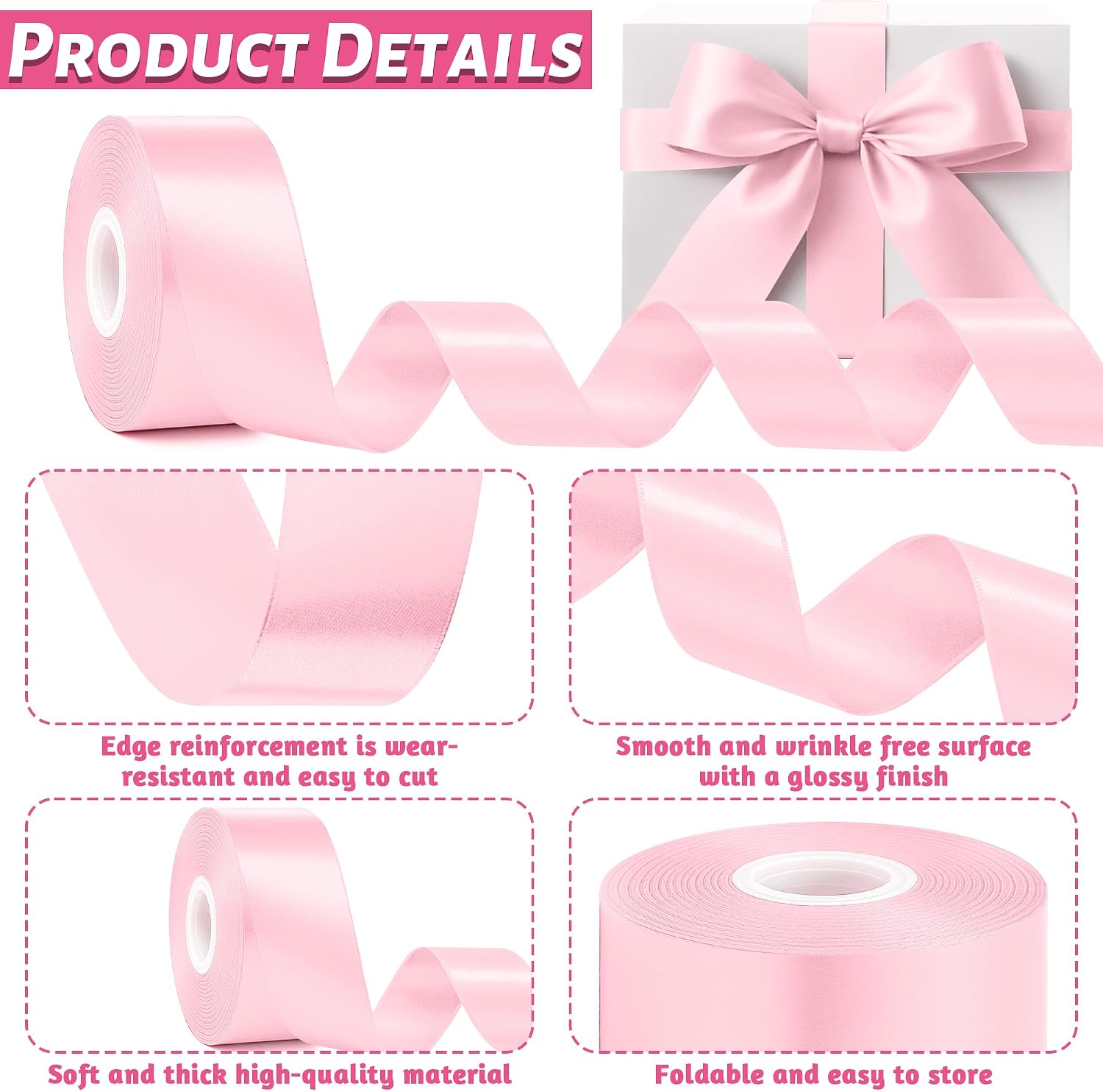 1.5"x30yd Pink Satin Ribbon: Smooth, Fade Resistant for Gifts, Weddings, Crafts. - Image 3