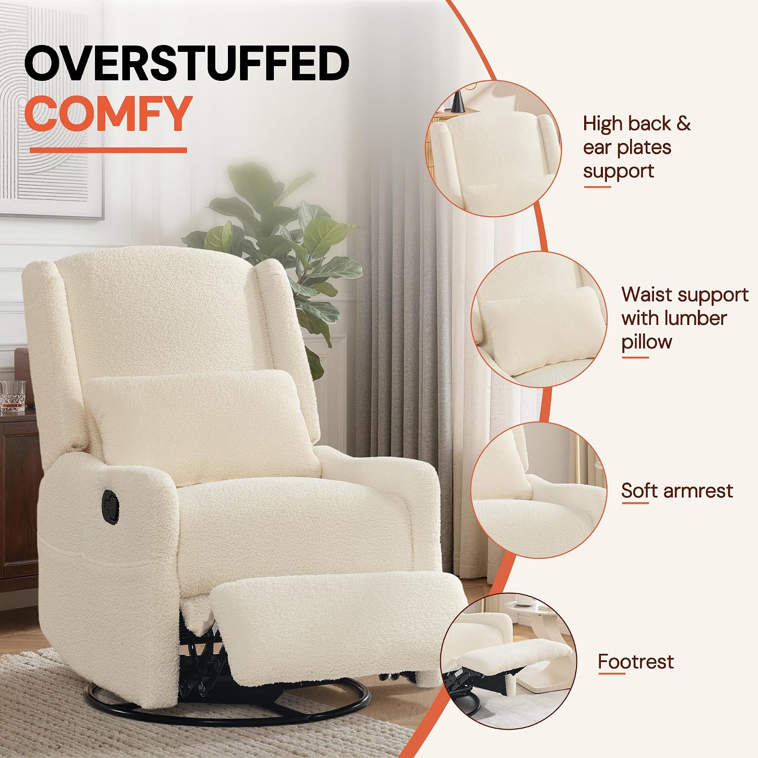 360° Swivel Beige Boucle Glider Recliner Rocker: Nursery & Home Comfort - Image 7