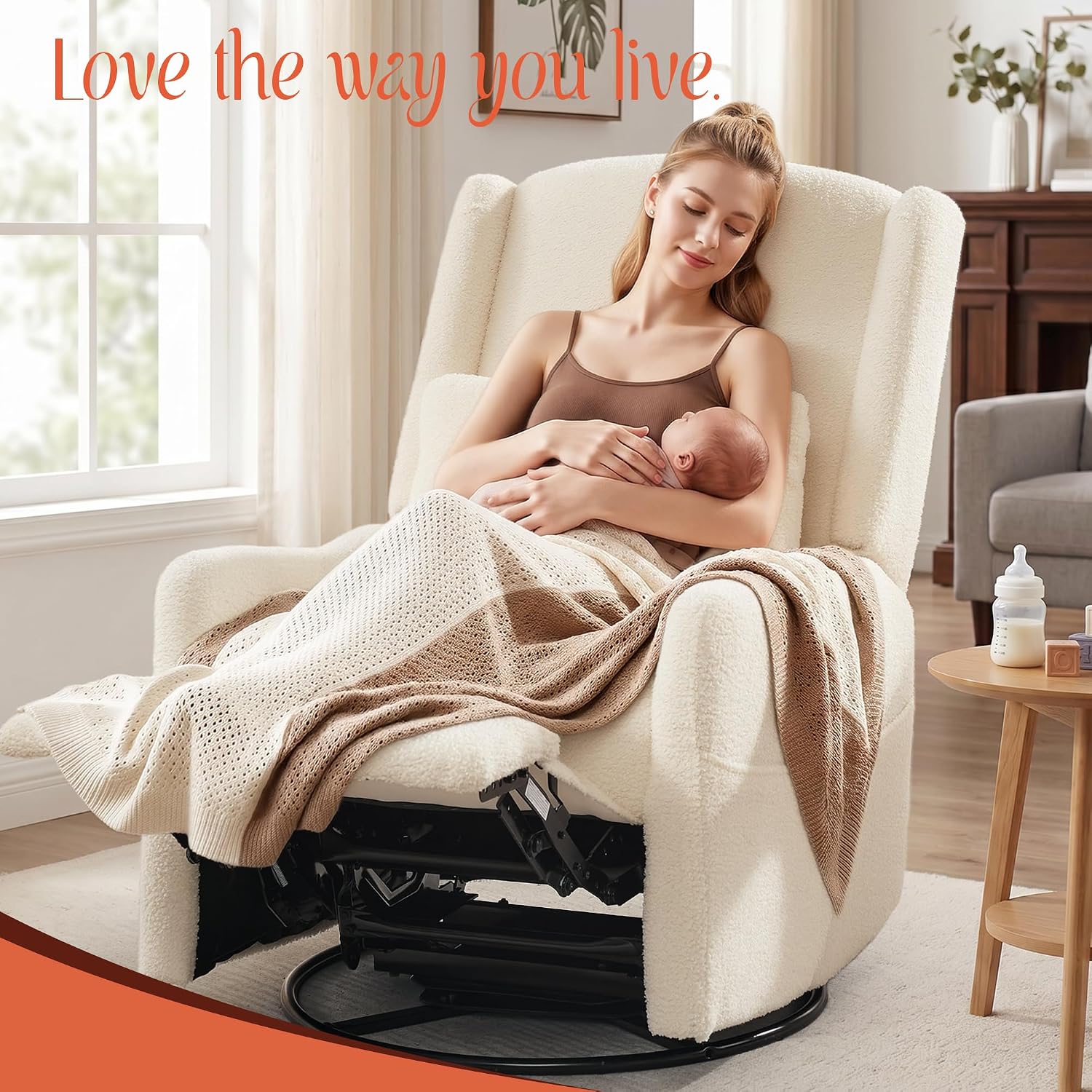 360° Swivel Beige Boucle Glider Recliner Rocker: Nursery & Home Comfort - Image 9