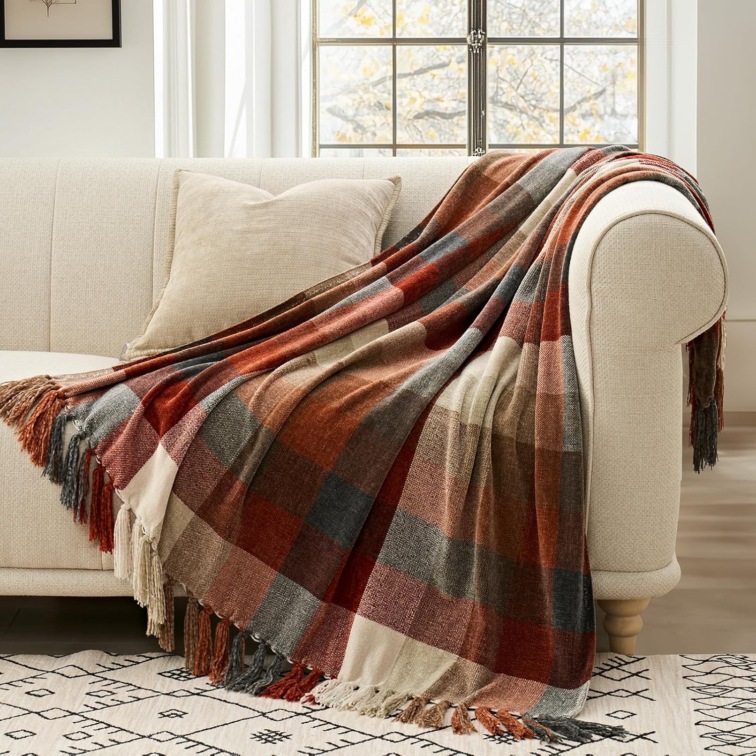 Harvest Orange Plaid Chenille Throw, 50x60" Soft Cozy Fall Farmhouse Decor. - Image 4