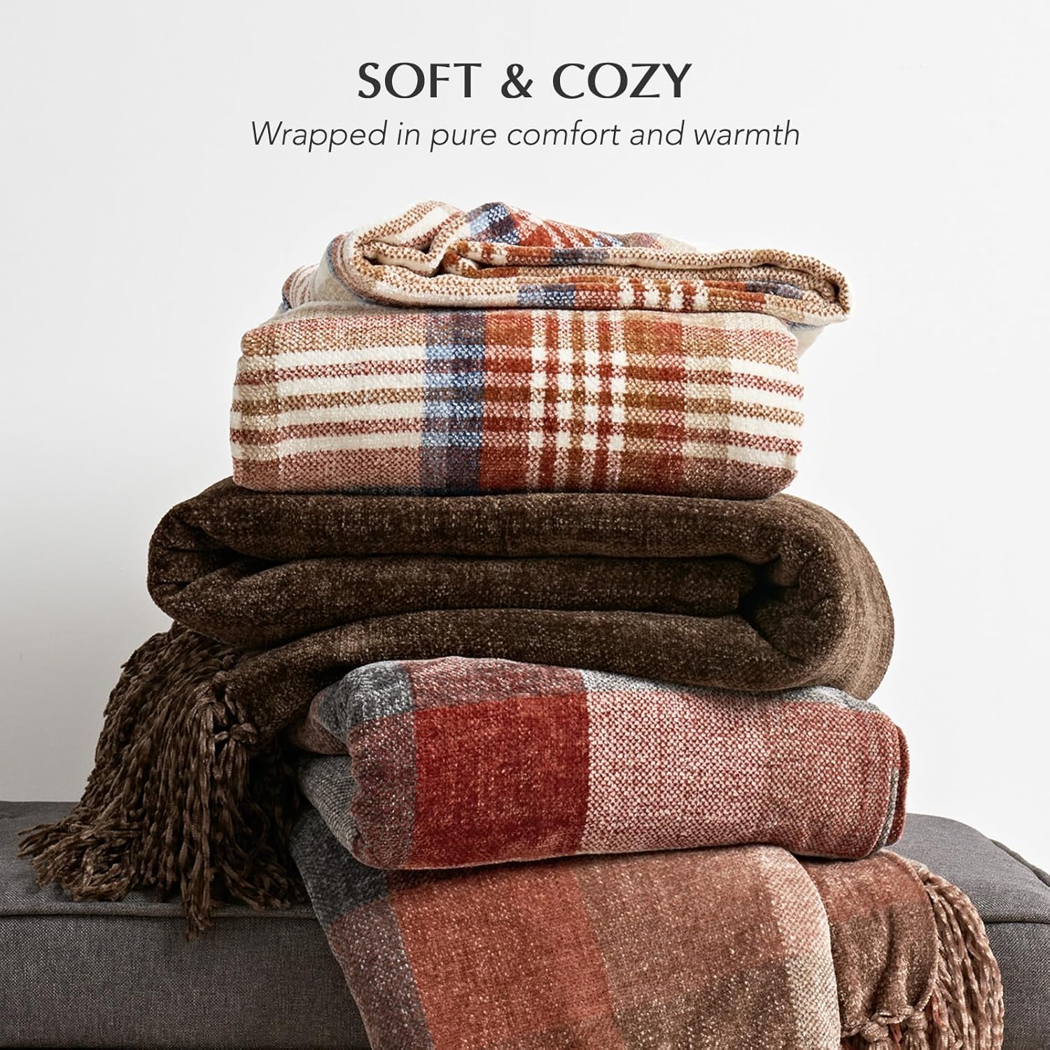 Harvest Orange Plaid Chenille Throw, 50x60" Soft Cozy Fall Farmhouse Decor. - Image 5