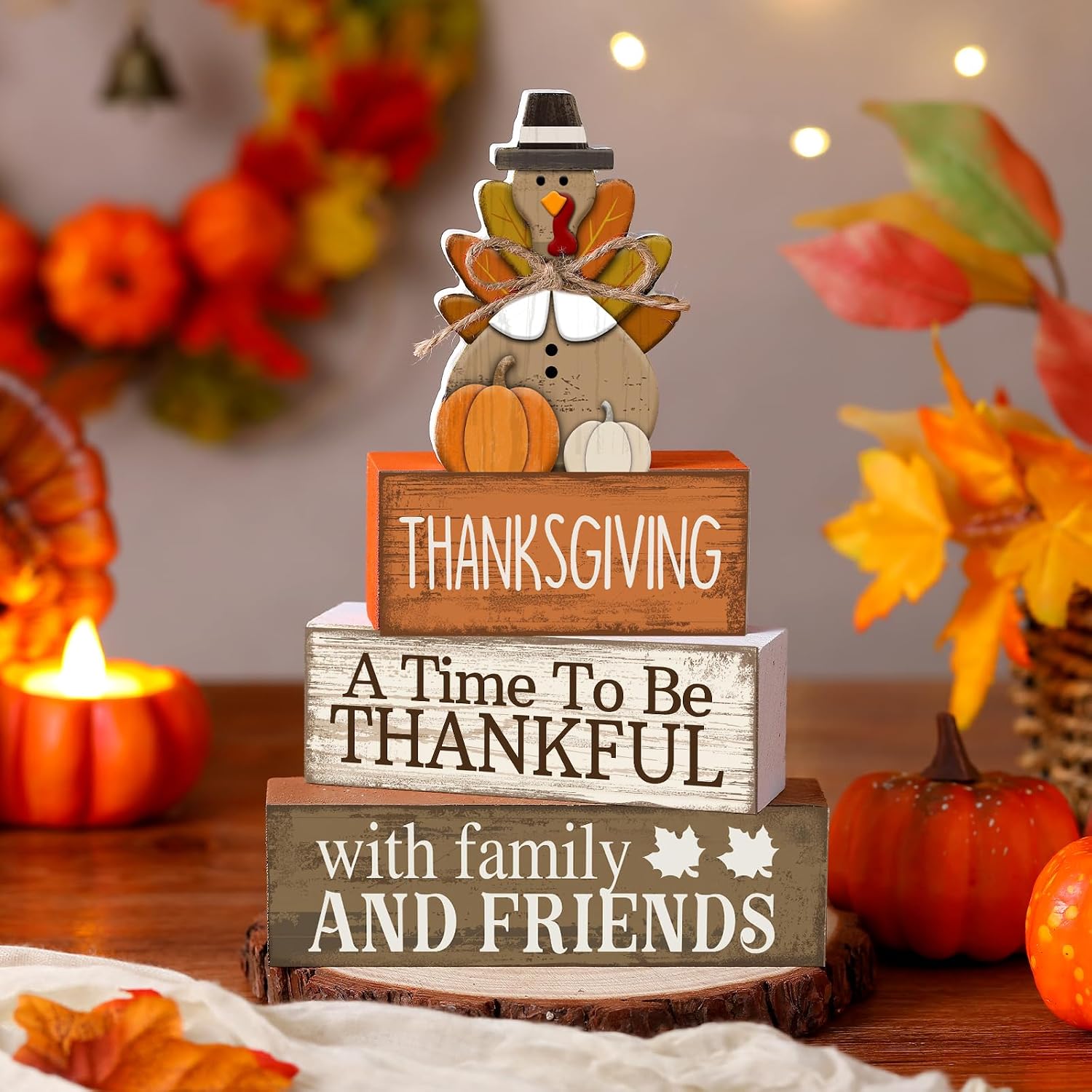 Rustic Wooden Turkey Thankful Blocks for Fall Farmhouse Thanksgiving Decor - Image 2