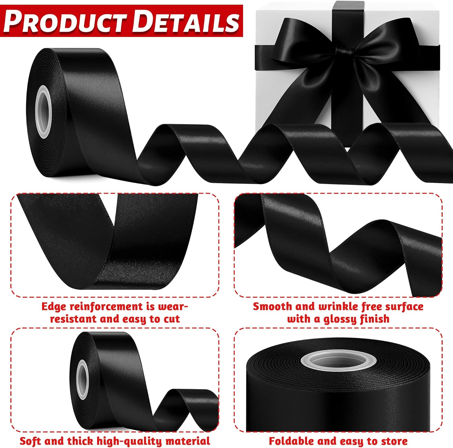 30yd x 1.5in Black Satin Ribbon. Glossy, Sturdy, Stitched Edge for Gifts & Decor. - Image 3