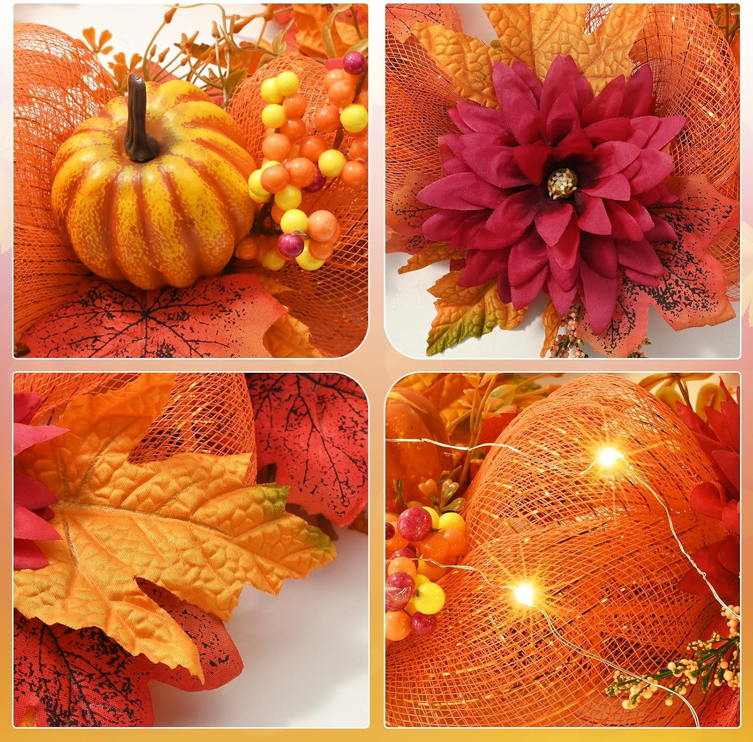 20" Lighted Autumn Wreath for Front Door & Thanksgiving Decor. - Image 2