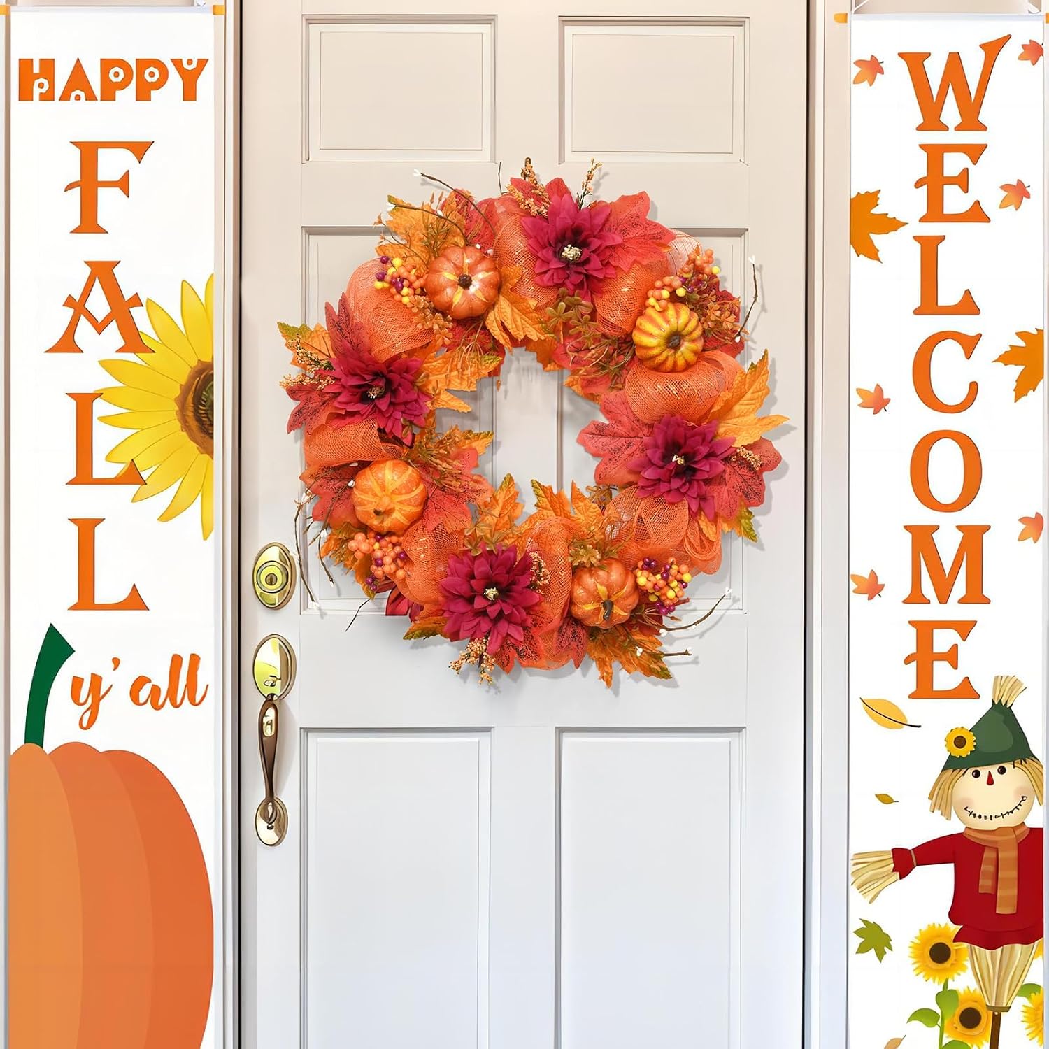 20" Lighted Autumn Wreath for Front Door & Thanksgiving Decor. - Image 3