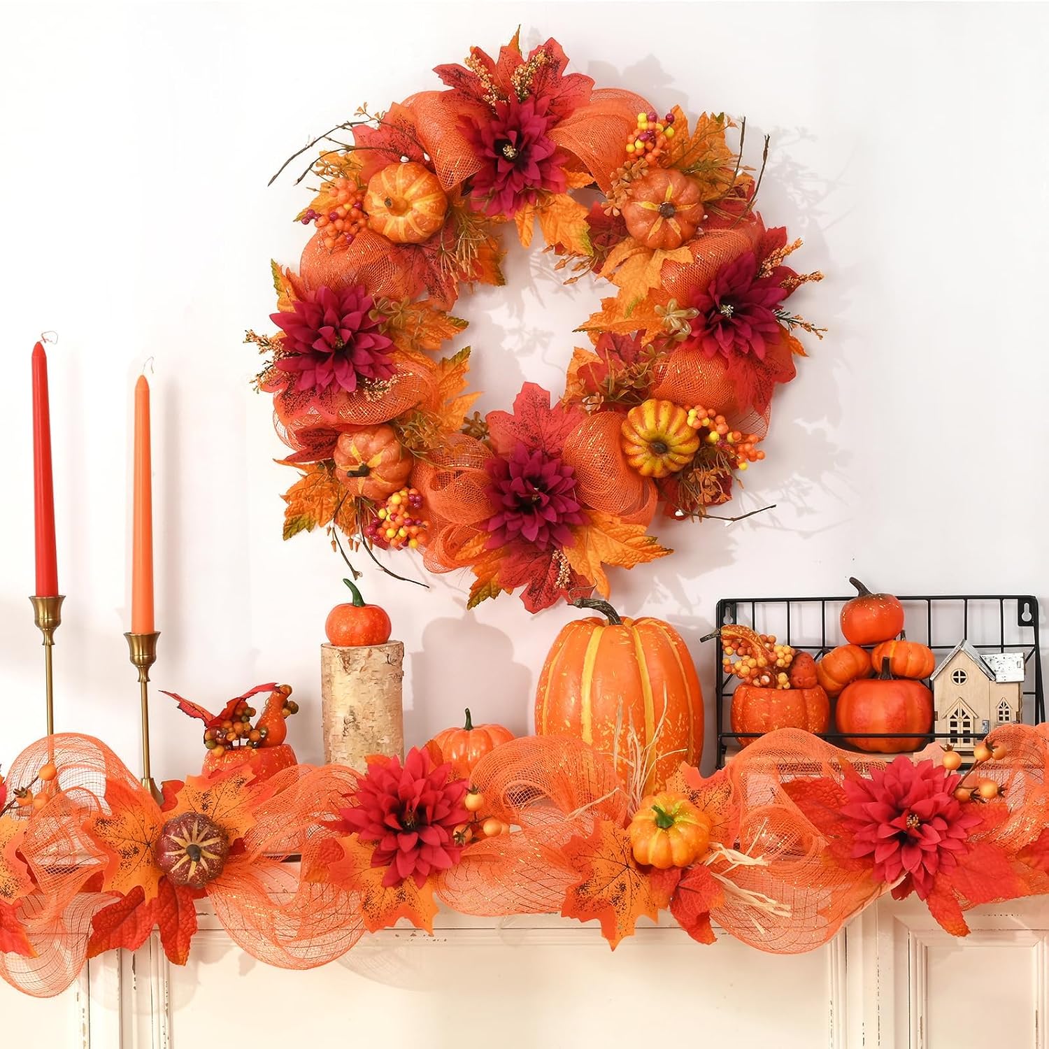 20" Lighted Autumn Wreath for Front Door & Thanksgiving Decor. - Image 4