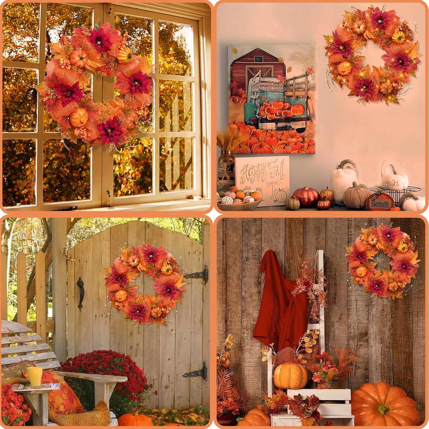 20" Lighted Autumn Wreath for Front Door & Thanksgiving Decor. - Image 5