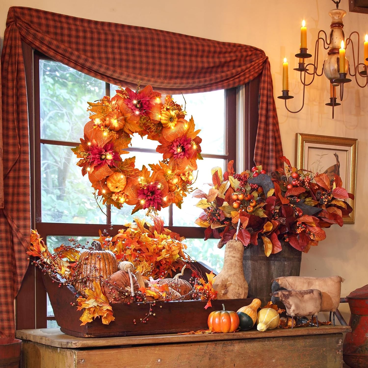 20" Lighted Autumn Wreath for Front Door & Thanksgiving Decor. - Image 6