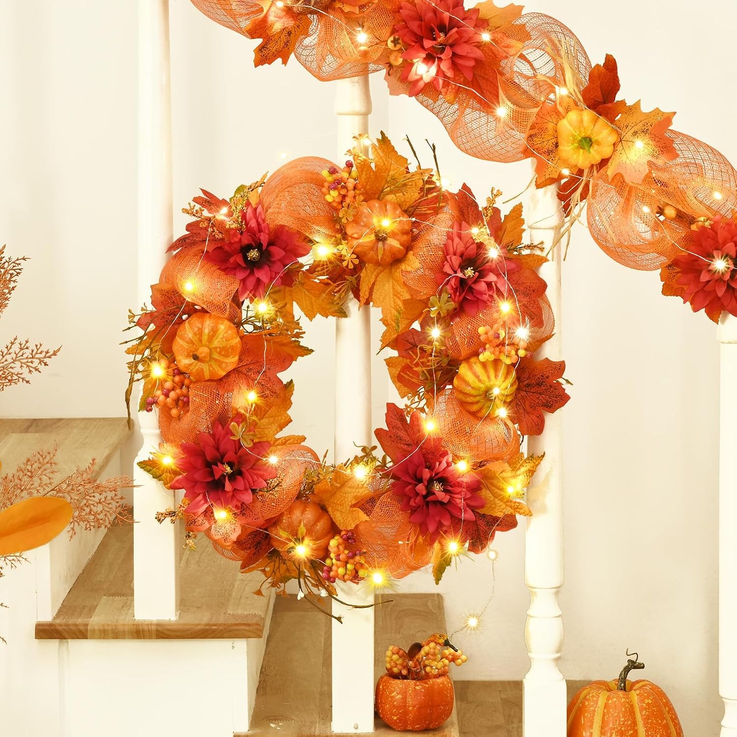 20" Lighted Autumn Wreath for Front Door & Thanksgiving Decor. - Image 7