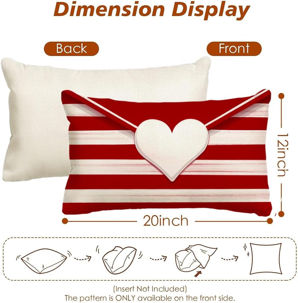 12x20 Red White Striped Envelope Heart Pillow Cover for Valentine's, Wedding & Anniversary Decor - Image 4