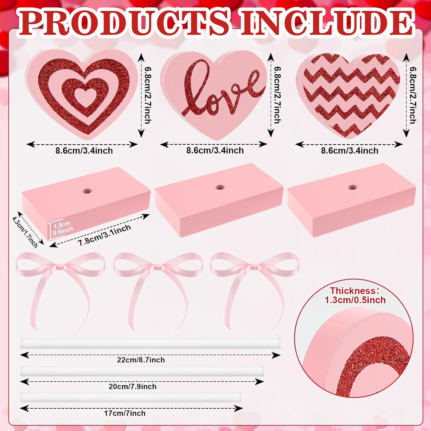 Pink 3pc Wooden Heart Valentine Home Table & Tray Decor Set - Image 3