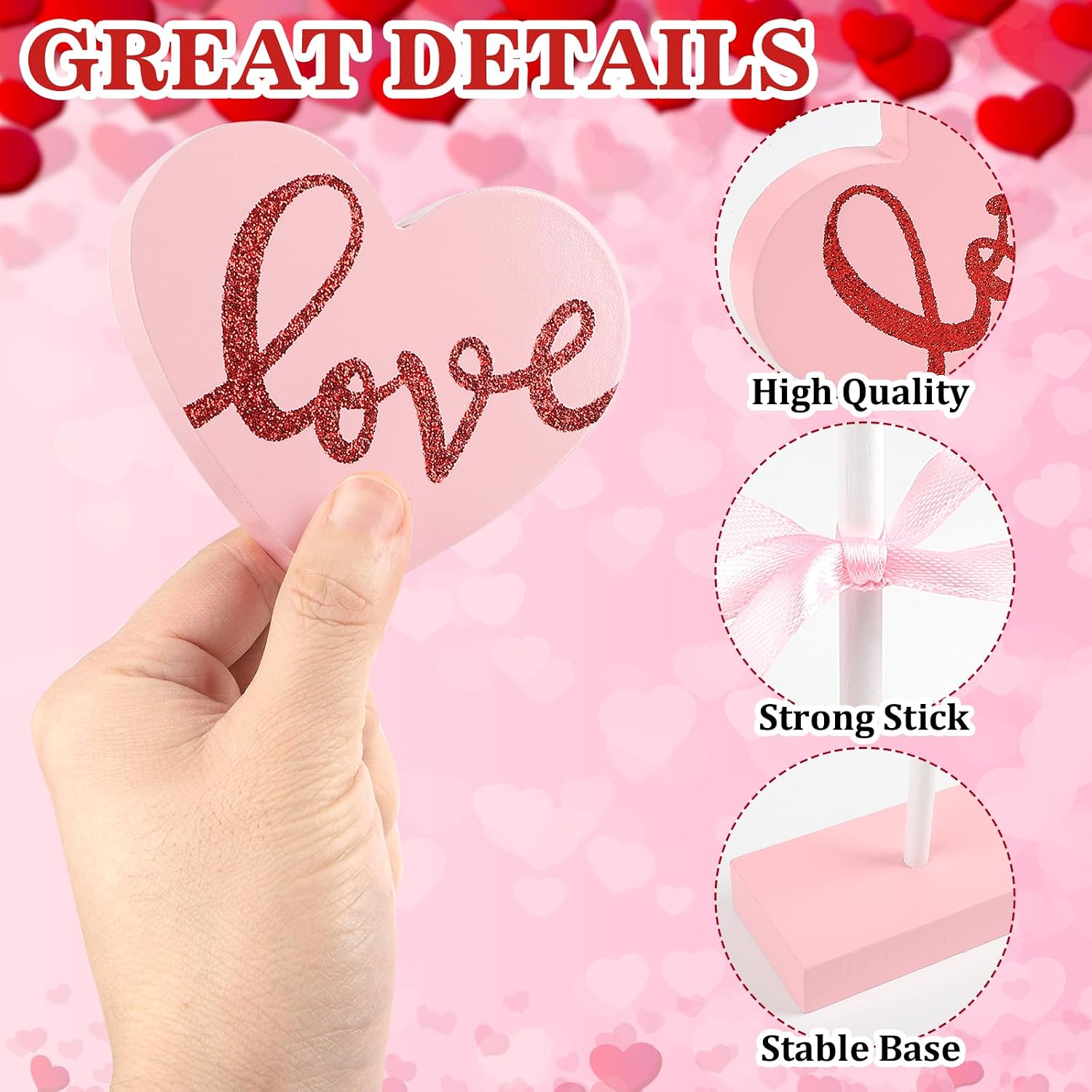 Pink 3pc Wooden Heart Valentine Home Table & Tray Decor Set - Image 4