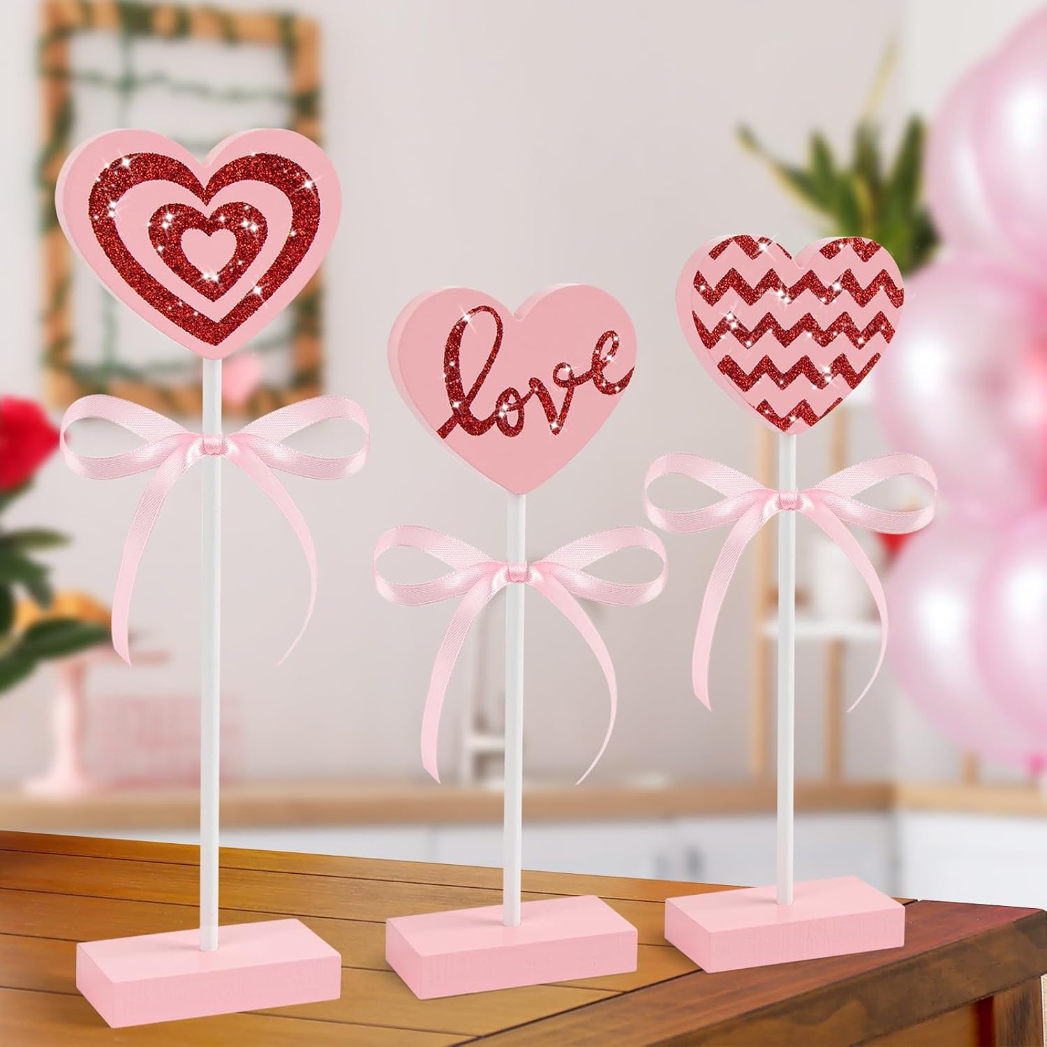 Pink 3pc Wooden Heart Valentine Home Table & Tray Decor Set - Image 5