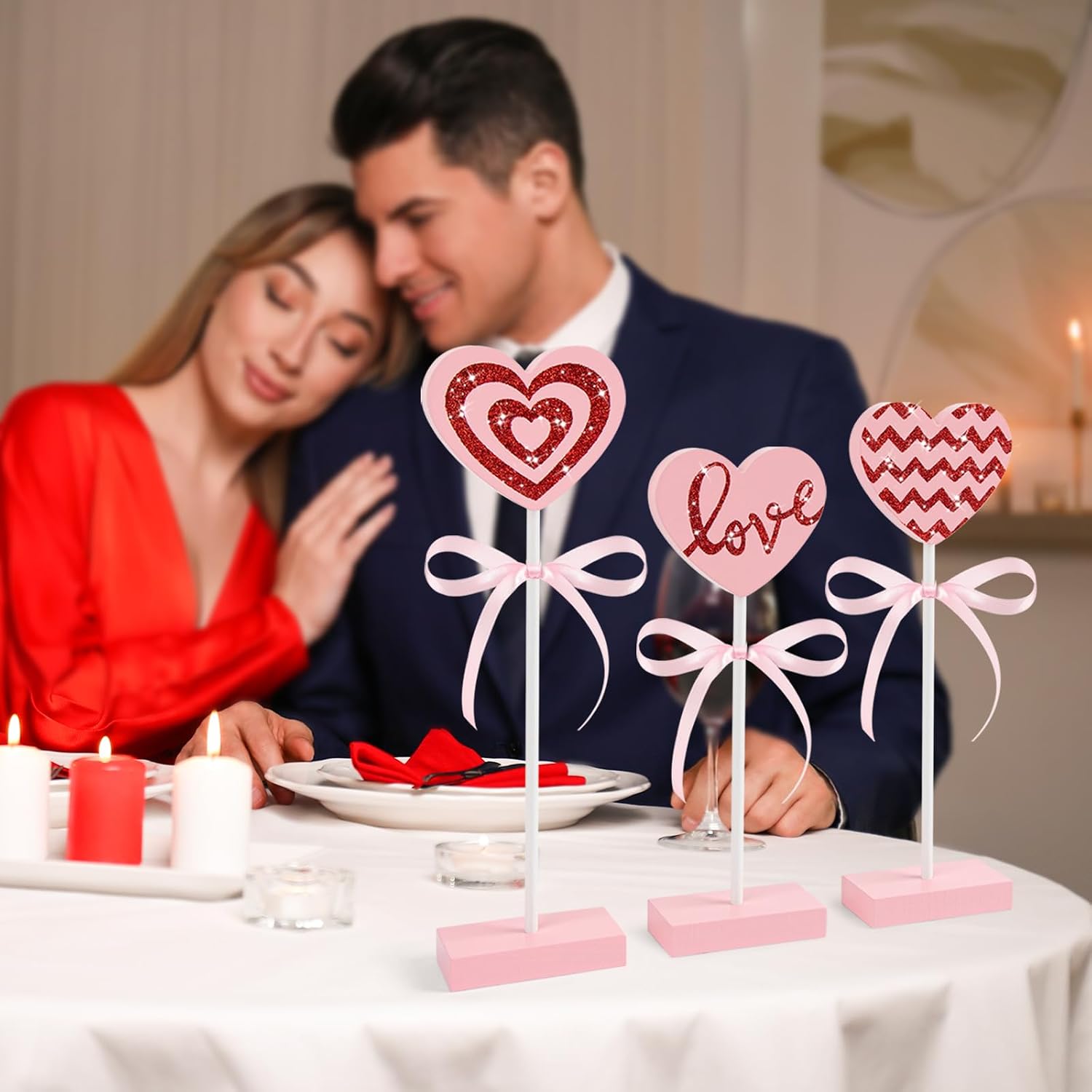 Pink 3pc Wooden Heart Valentine Home Table & Tray Decor Set - Image 6