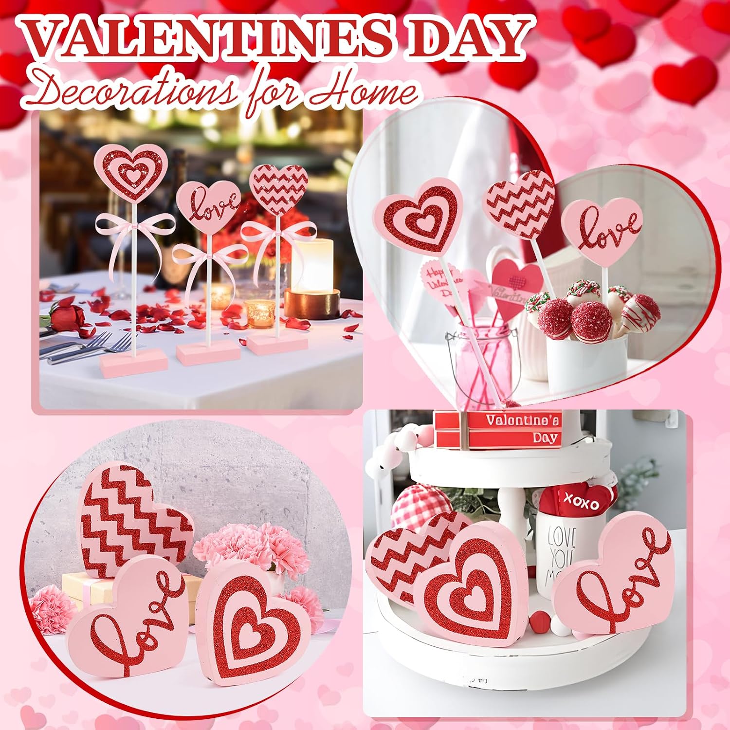 Pink 3pc Wooden Heart Valentine Home Table & Tray Decor Set - Image 7