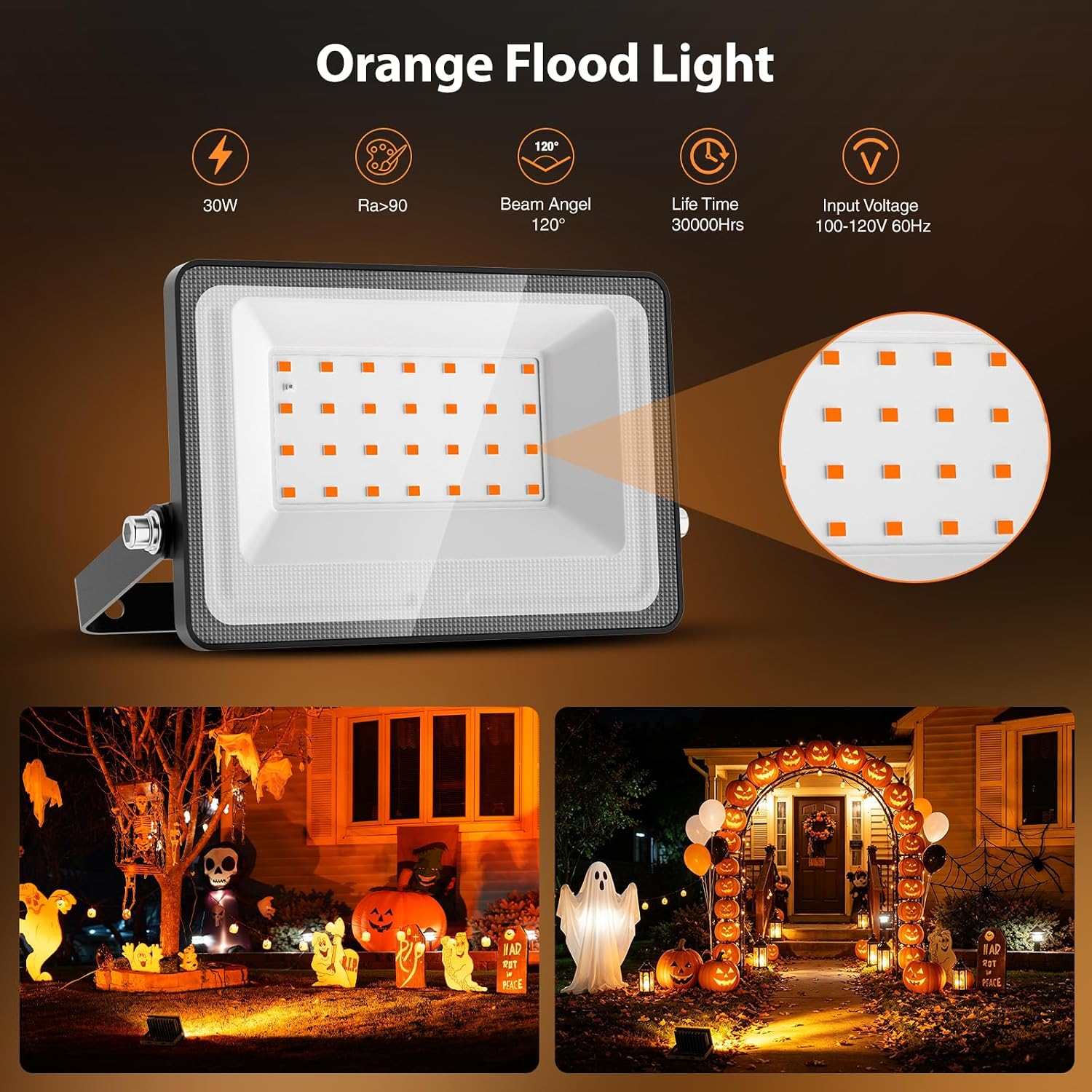 Onforu Orange LED Halloween Floodlights: 2-Pack, Auto Dusk/Dawn, IP65 Outdoor. - Image 3