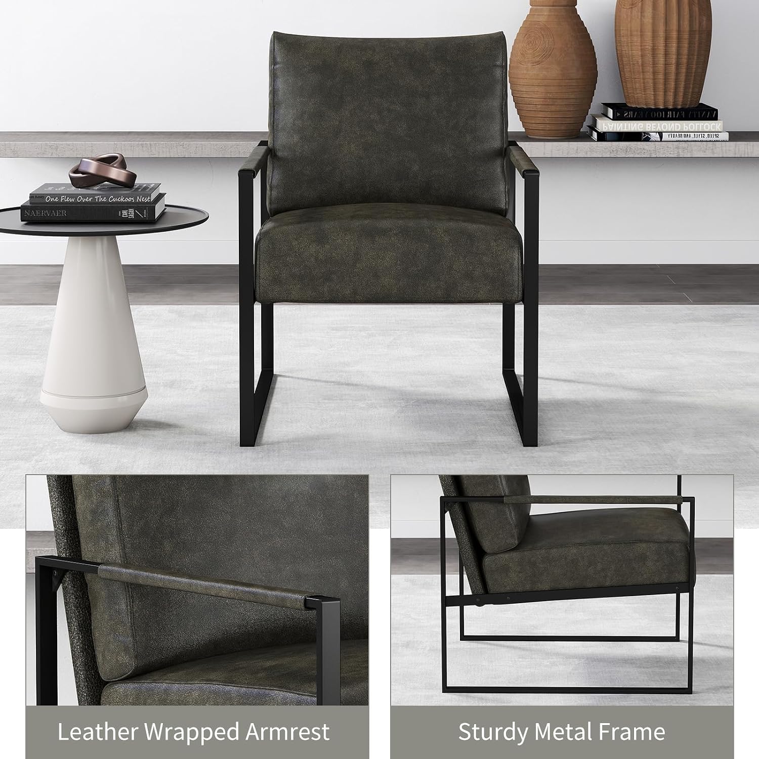 Comfy Dark Grey Mid-Century PU Leather Accent Chair with Metal Frame. - Image 4