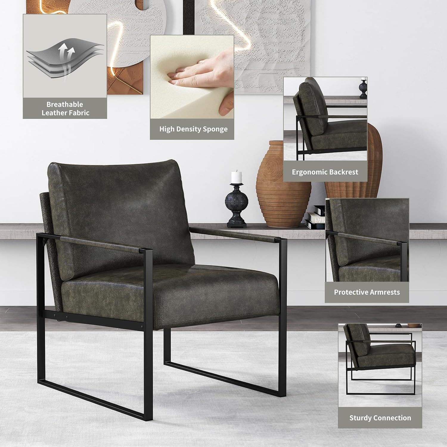 Comfy Dark Grey Mid-Century PU Leather Accent Chair with Metal Frame. - Image 6