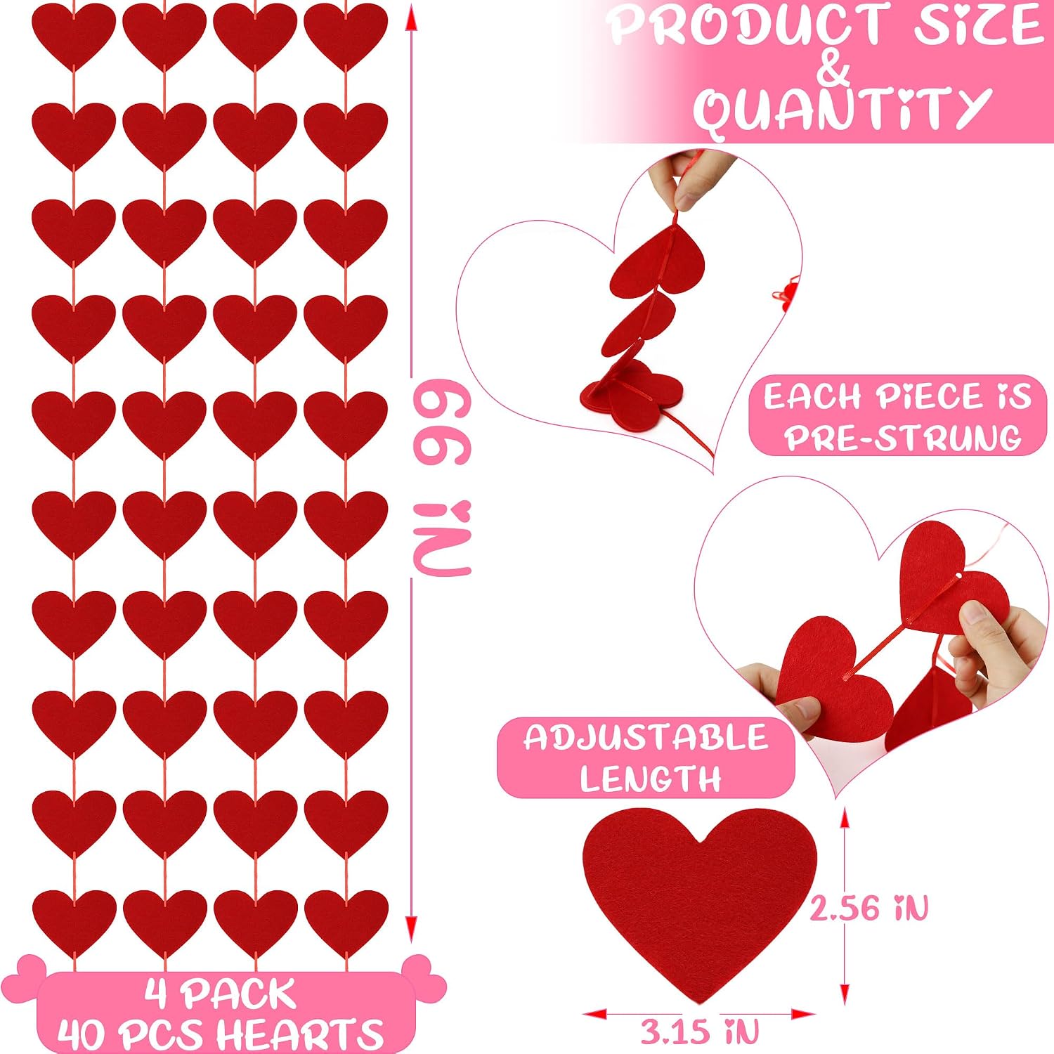 Hanging 40PC Valentine's Red Felt Heart Banner - Indoor/Outdoor Decor - Image 2