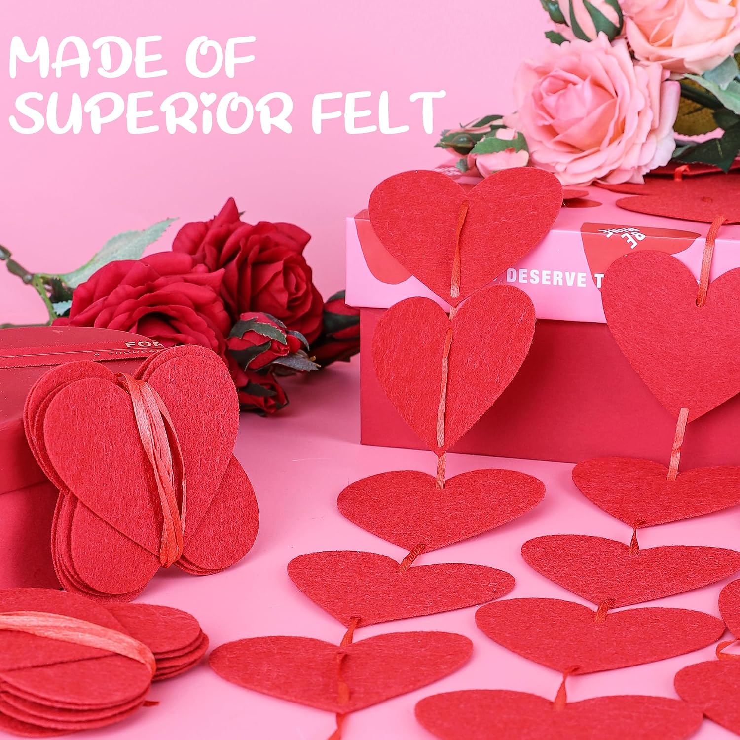 Hanging 40PC Valentine's Red Felt Heart Banner - Indoor/Outdoor Decor - Image 3