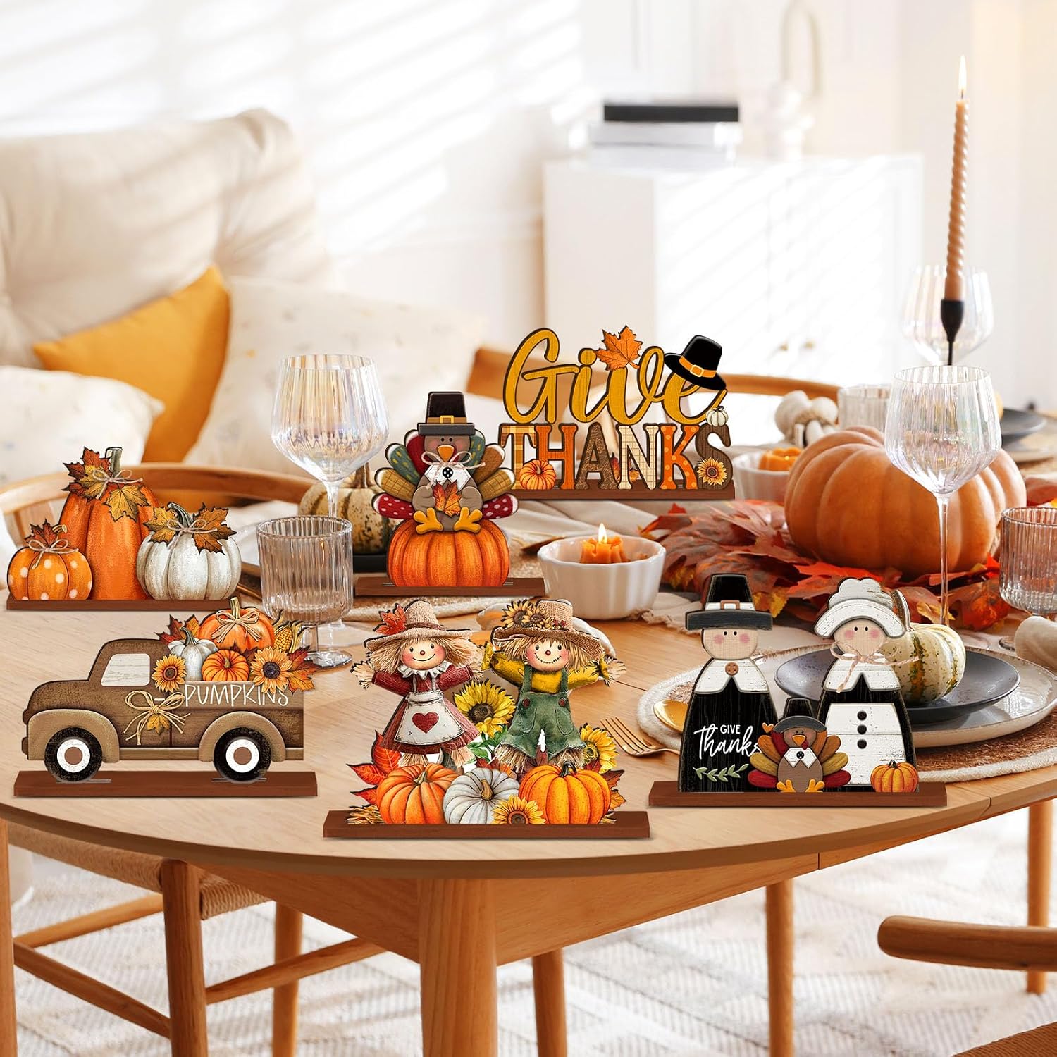 6pc Wooden Fall Thanksgiving Table Decor: Cute Orange Pumpkin & Truck - Image 3