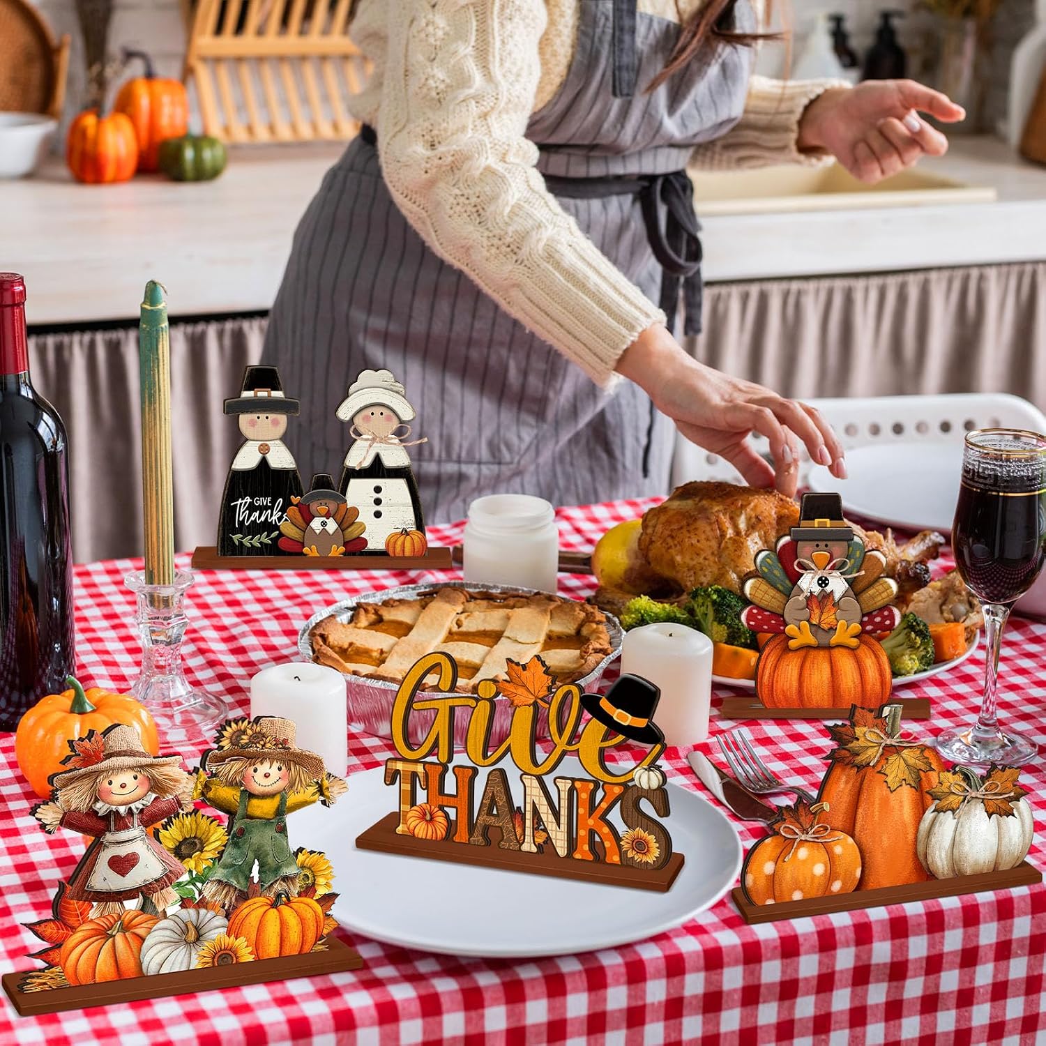 6pc Wooden Fall Thanksgiving Table Decor: Cute Orange Pumpkin & Truck - Image 4