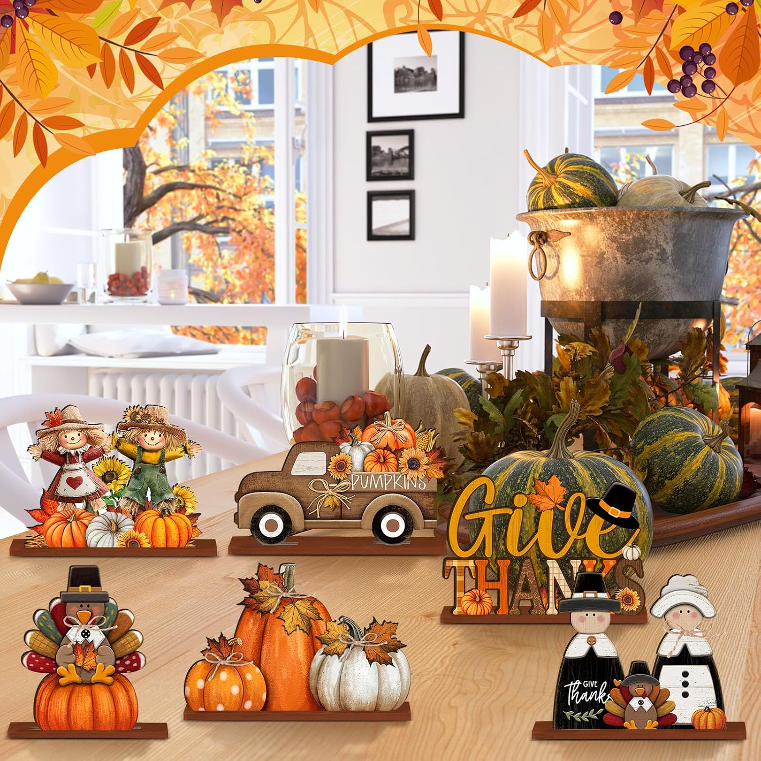 6pc Wooden Fall Thanksgiving Table Decor: Cute Orange Pumpkin & Truck - Image 5