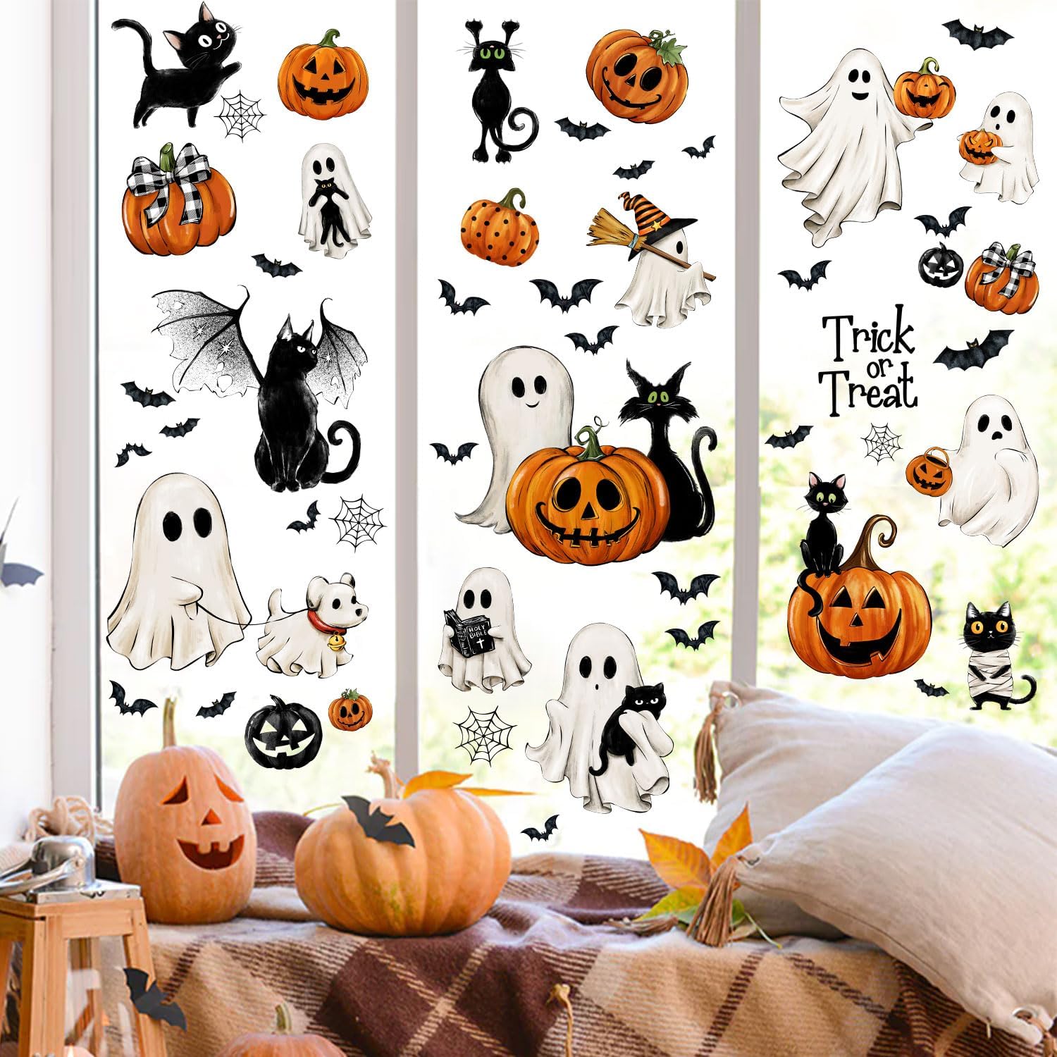 87 Reusable Vintage Halloween Clings: Ghost, Bat, Cat, Pumpkin Decals - Image 4